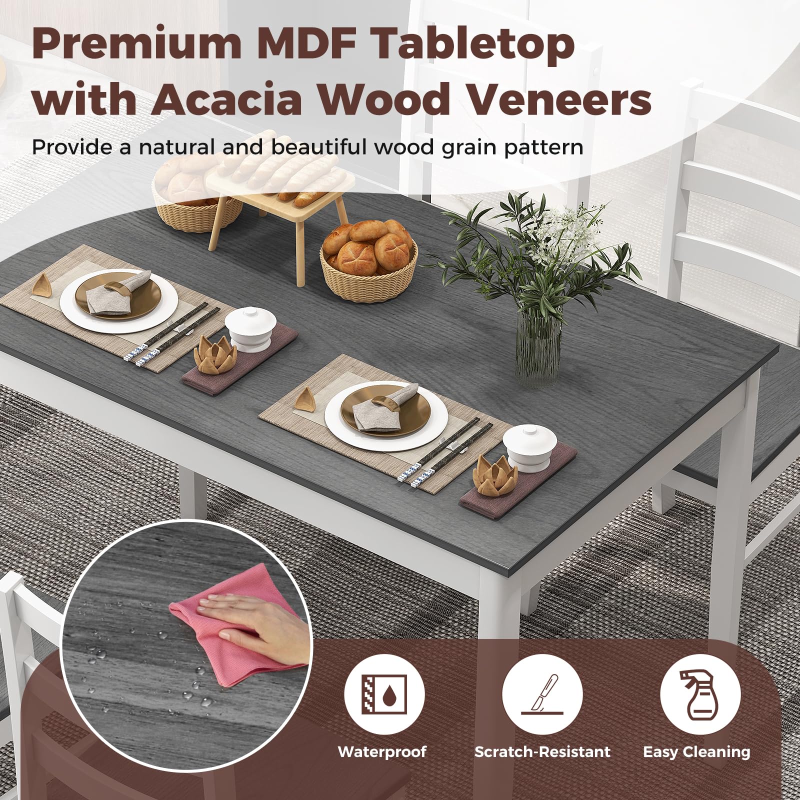 GOFLAME 5-Piece Farmhouse Dining Table Set for 4 - Space-Saving Kitchen Table & 4 Chairs with Durable Rubber Wood Legs, Grey Wooden Dinette Set for Small Spaces, Breakfast Nook, Apartment, or Cozy Dining Room | Perfect for Family Meals, Entertaining Guests & Daily Use