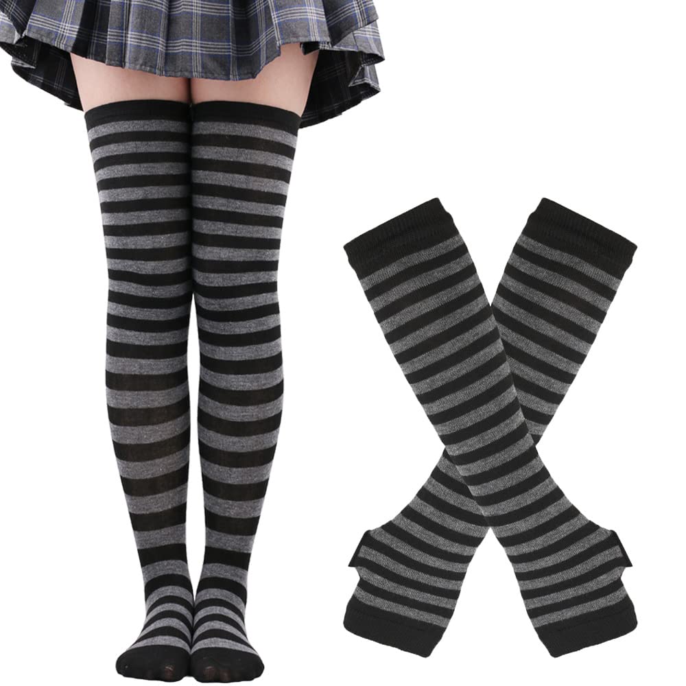 Benefeet Women's Striped Thigh High Socks & Arm Warmers Set with Fingerless Gloves - Over Knee High Stockings for Halloween Costumes, Cosplay, and Winter Fashion Outfits