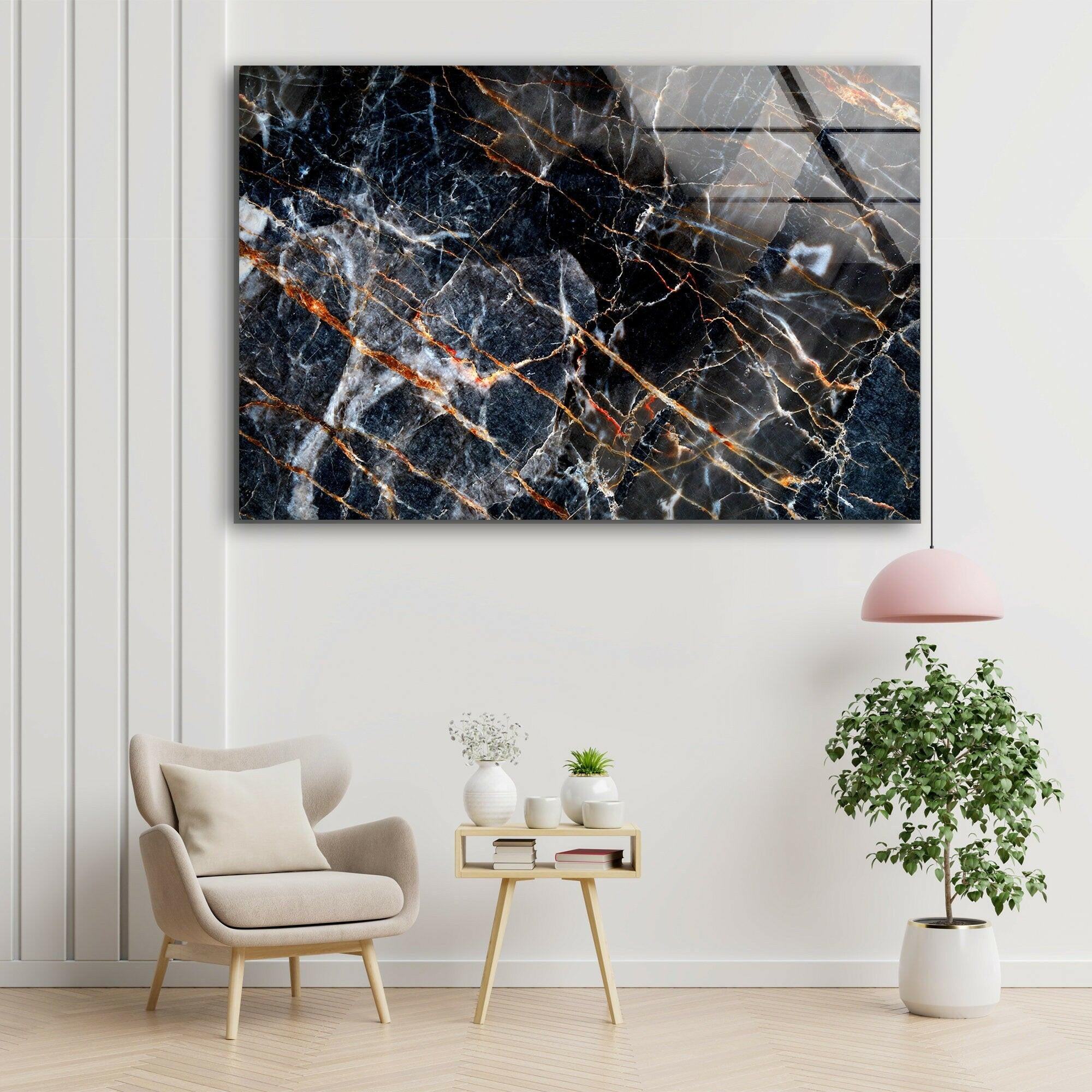 Modern Black Abstract Marble Glass Wall Art Decor - Elegant Home & Office Wall Decor for Living Room, Bedroom, Dining Area