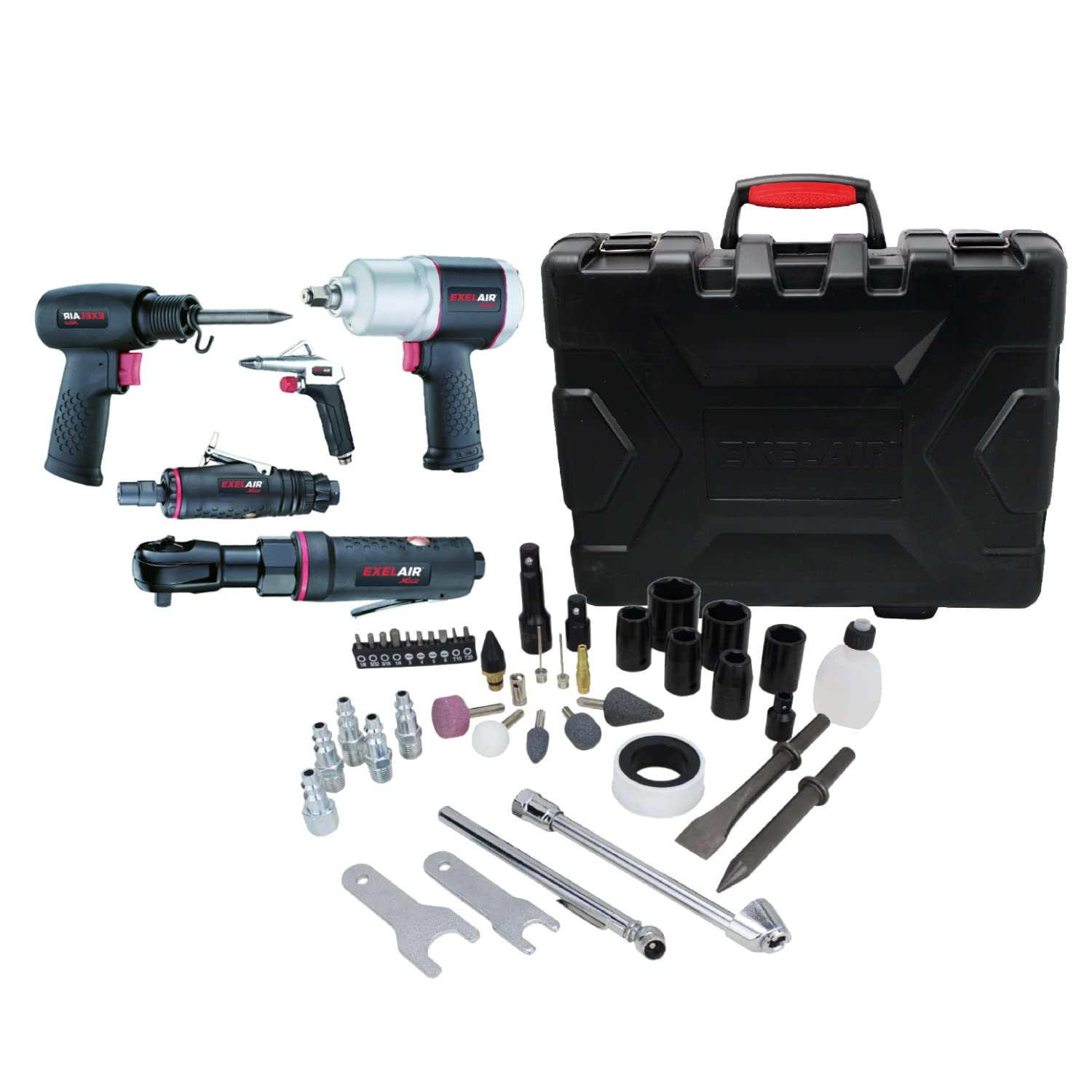 EXELAIR by Milton 50-Piece Lightweight Composite Automotive Air Tool Kit - High Torque Impact Wrench, Ratchet, Die Grinder, Air Hammer & Blow Gun for Professional Mechanics & DIY Car Repairs