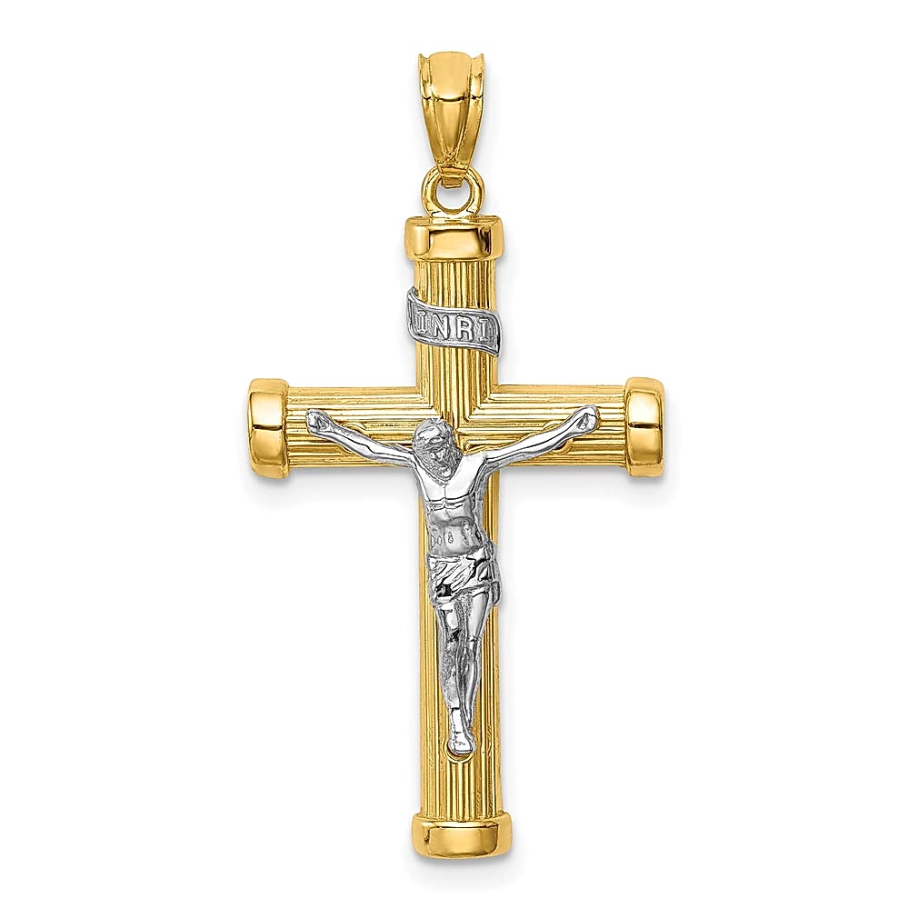 14K Two-Tone Yellow Gold INRI Crucifix Cross Pendant Necklace - Religious Latin Charm for Women, Perfect Gift for Her - Ideal for Church, Weddings & Special Occasions