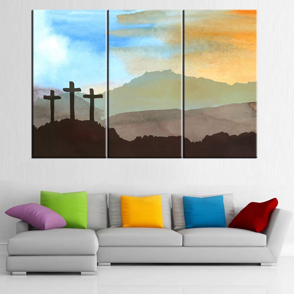 Easter Cross Watercolor Canvas Wall Art - Jesus Christ Religious Art Print for Christians - 3 Panels Stretched & Ready to Hang (40x20 inches) - Perfect for Living Room, Church, or Easter Decor