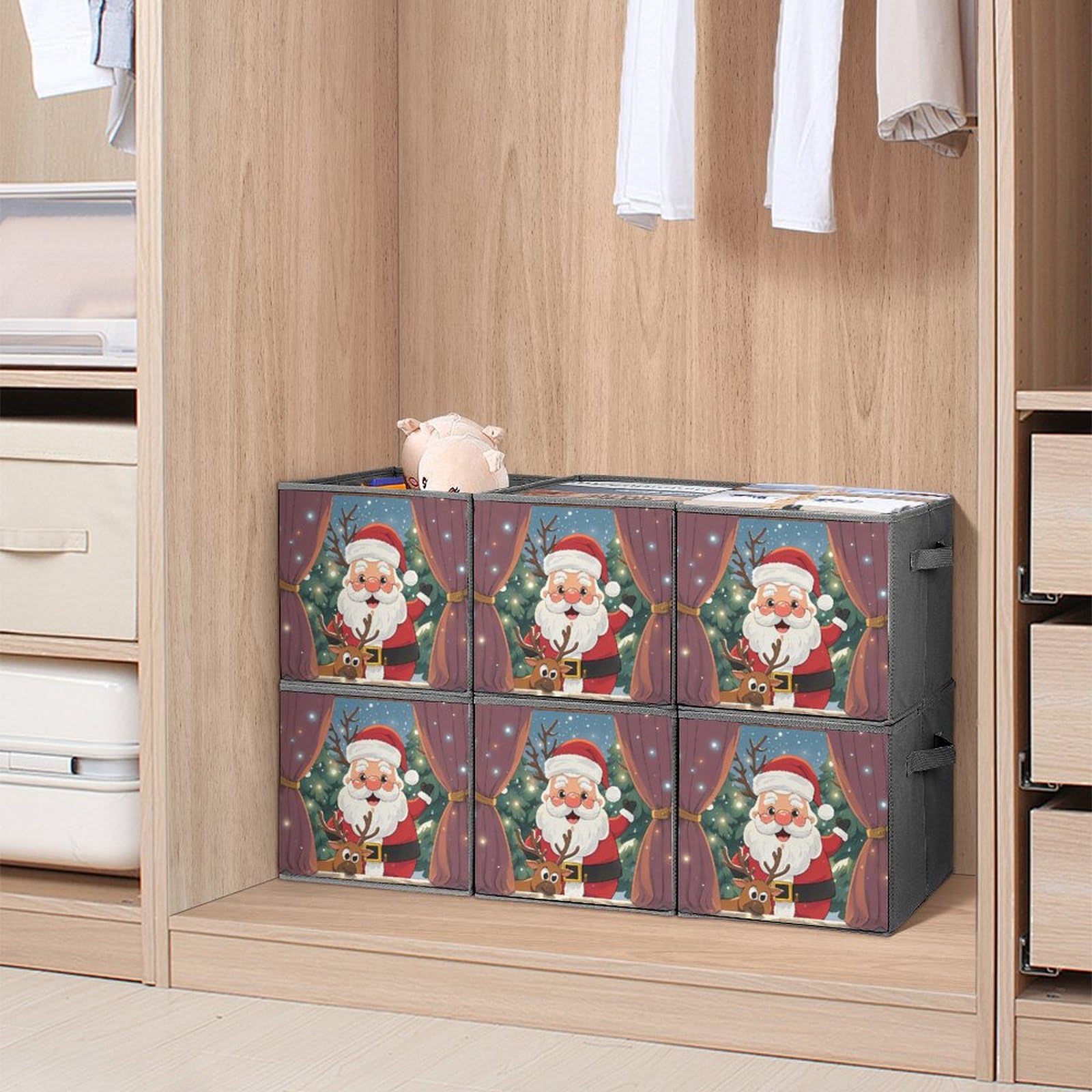 6PCS Foldable Storage Bins with Handles - Large Capacity Reindeer Peeping Printed Storage Boxes & Organizer Cubes for Playroom, Office, Home Organization | Perfect for Kids' Toys, Books & Clutter Control