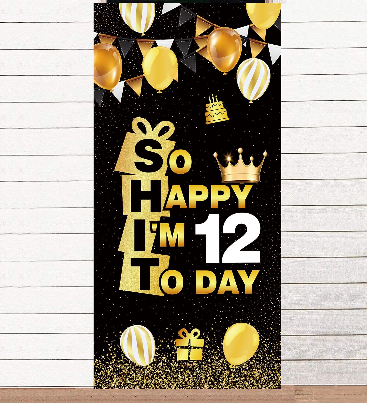 Happy 12th Birthday Banner & Party Decor Set - Black Gold Backdrop, Crown, Photo Booth Props for 12 Year Old Boy/Girl Birthday Celebration - Perfect for Twelfth Birthday Parties, Photo Shoots & Decorations