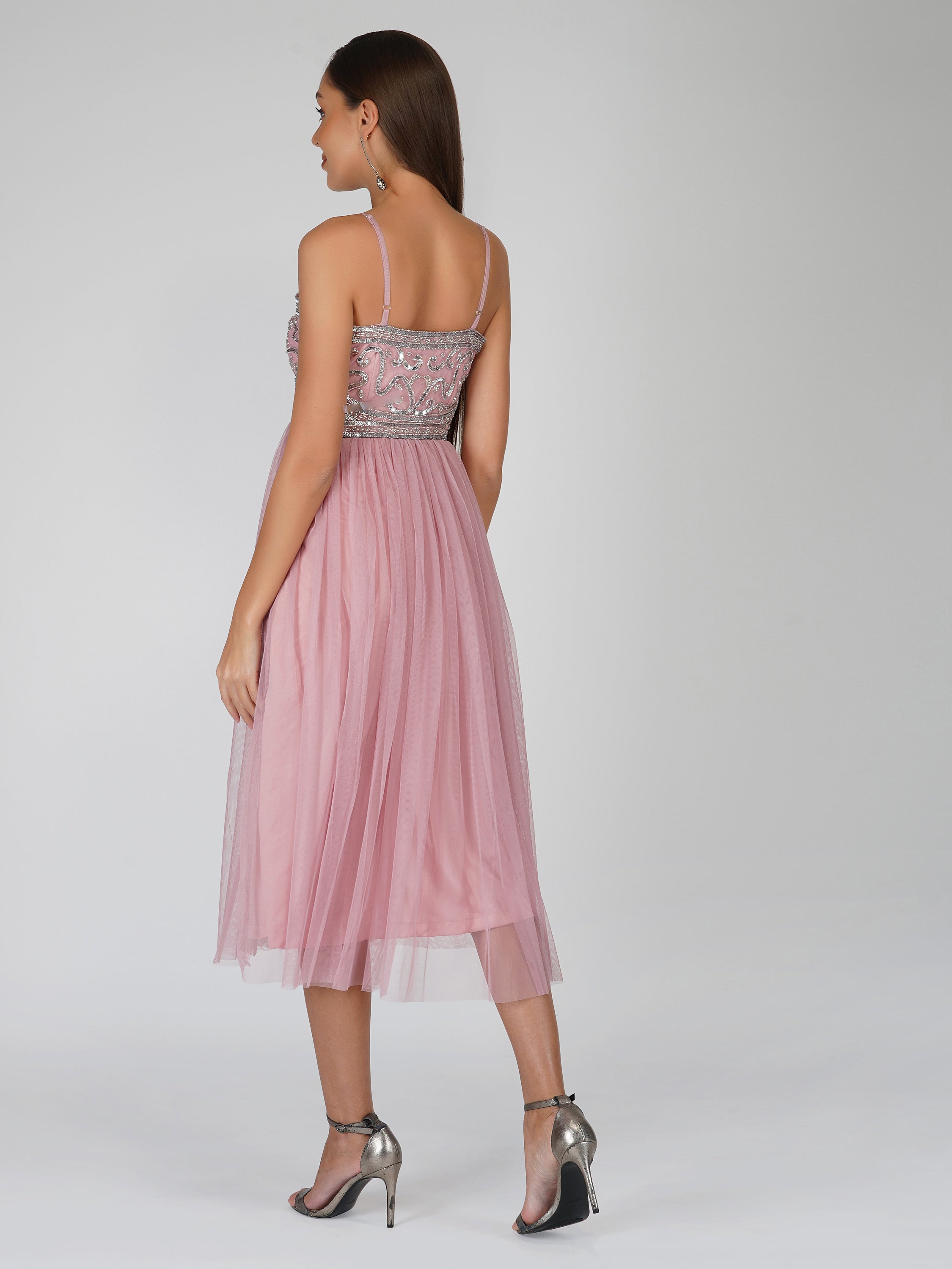 Ruhi Embellished Midi Dress in Mauve - Elegant Floral Lace Evening Gown for Women, Perfect for Weddings, Parties & Special Occasions