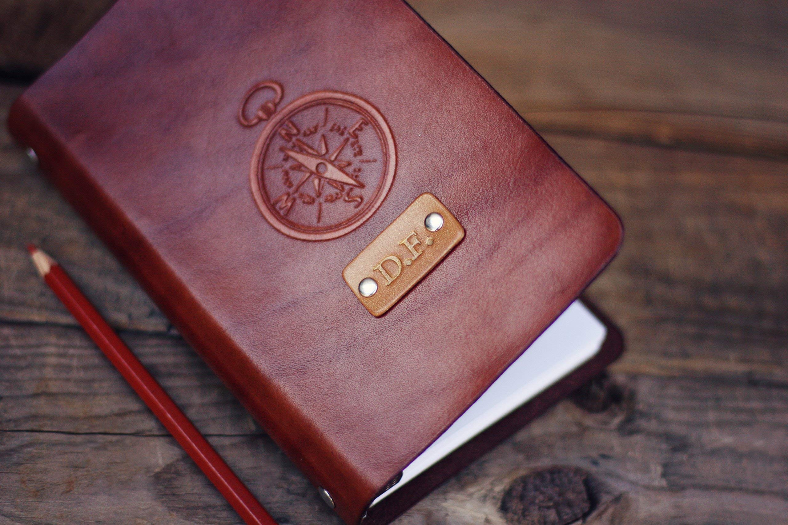 Custom Personalized Leather Journal & Notebook - Travel Diary, Sketchbook with Compass Stamp - Engraved Name/Initials - 6-Ring Refillable Binder with Lined Paper - Perfect for Writing, Drawing & Adventure Journaling