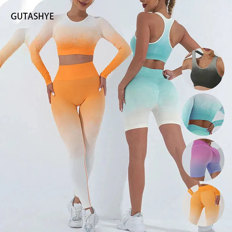 Seamless Women's Yoga Set - Workout Tracksuit Sportswear Gym Clothing with Long Sleeve Crop Top & High Waist Leggings - Gradient Fitness Outfit for Yoga, Pilates, Running & Gym Training