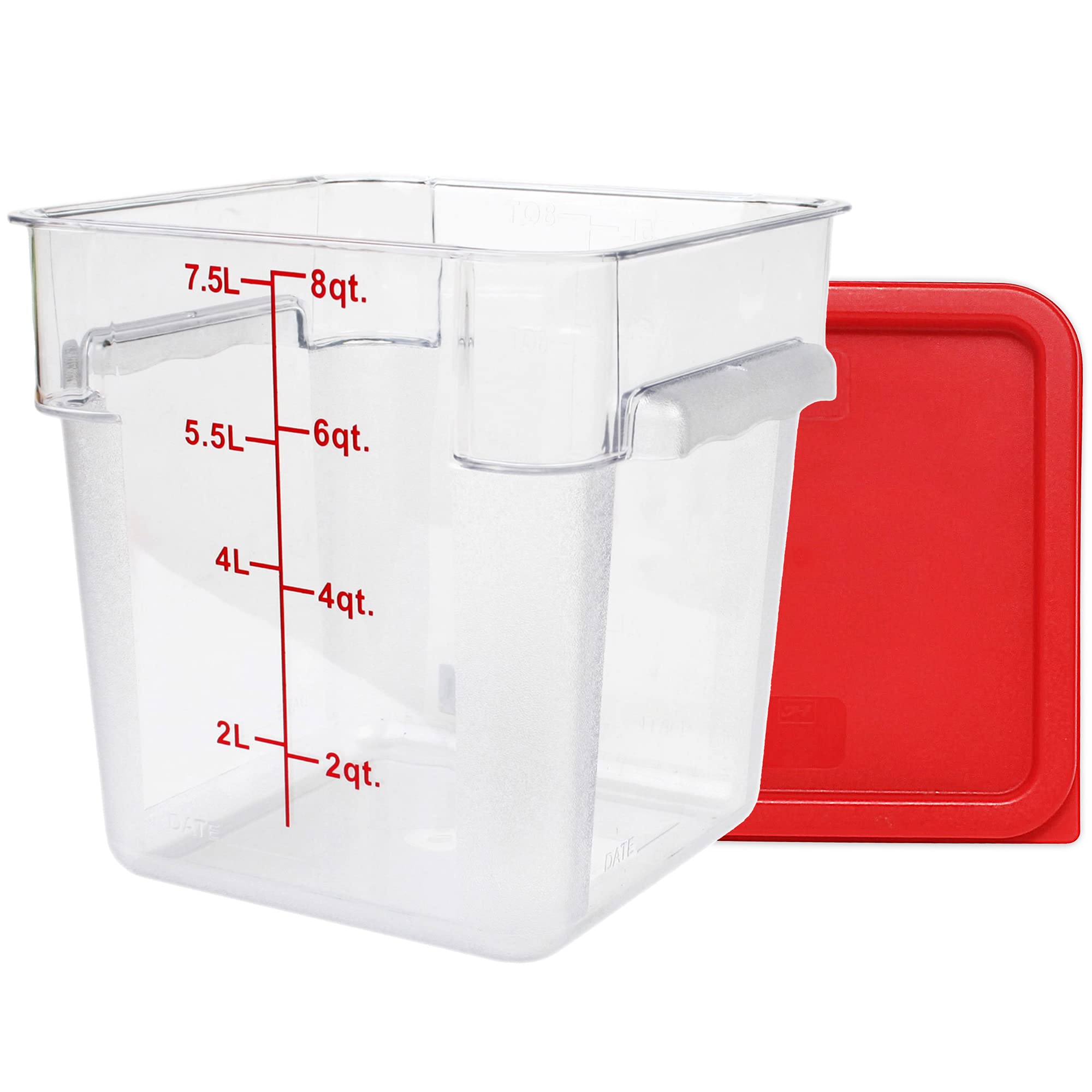 Tiger Chef 8 Quart Clear Commercial Grade Square Food Storage Containers with Red Lids - Durable Polycarbonate BPA-Free for Restaurant, Kitchen & Meal Prep Organization