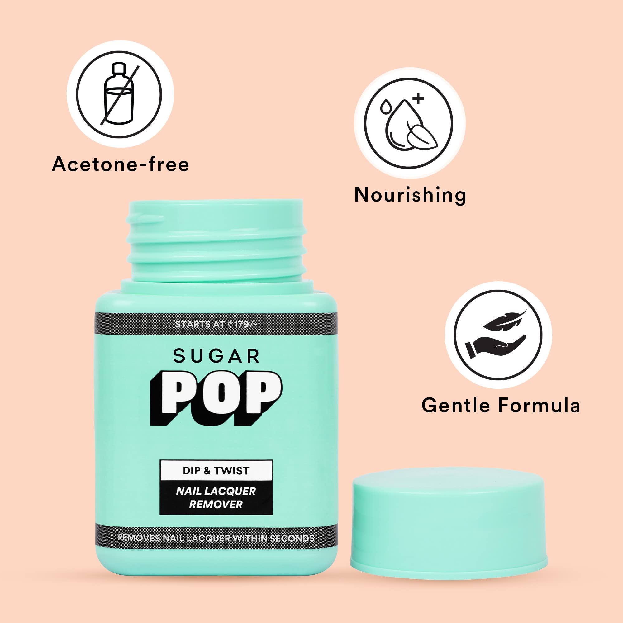 SUGAR POP Dip & Twist Nail Polish Remover with Vitamin E, Almond Oil & Jojoba Oil | Acetone-Free Formula | Gentle on Nails | Prevents Cracking & Peeling | 60ml | Perfect for At-Home Manicures & Nail Care