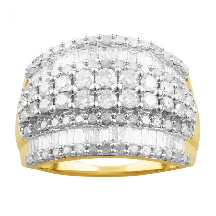 9ct Yellow Gold 2 Carat Diamond Ring with Brilliant & Baguette Cut - Elegant Wedding Band, Anniversary Gift for Her, Perfect for Engagement & Special Occasions