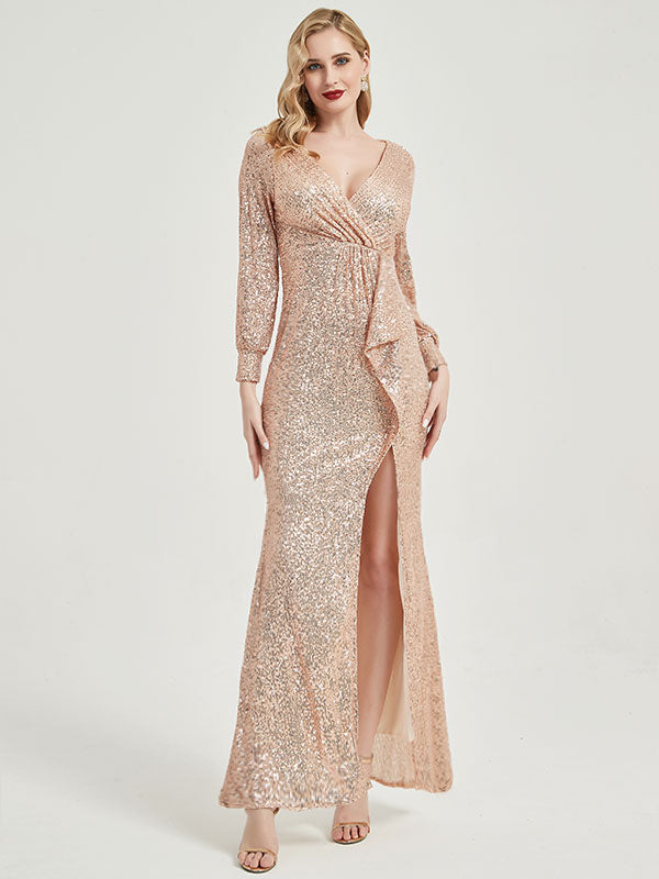Champagne Gold Sequin Long Sleeve Mermaid Evening Gown with High Slit - Elegant Formal Dress for Prom, Wedding, Gala & Special Occasions