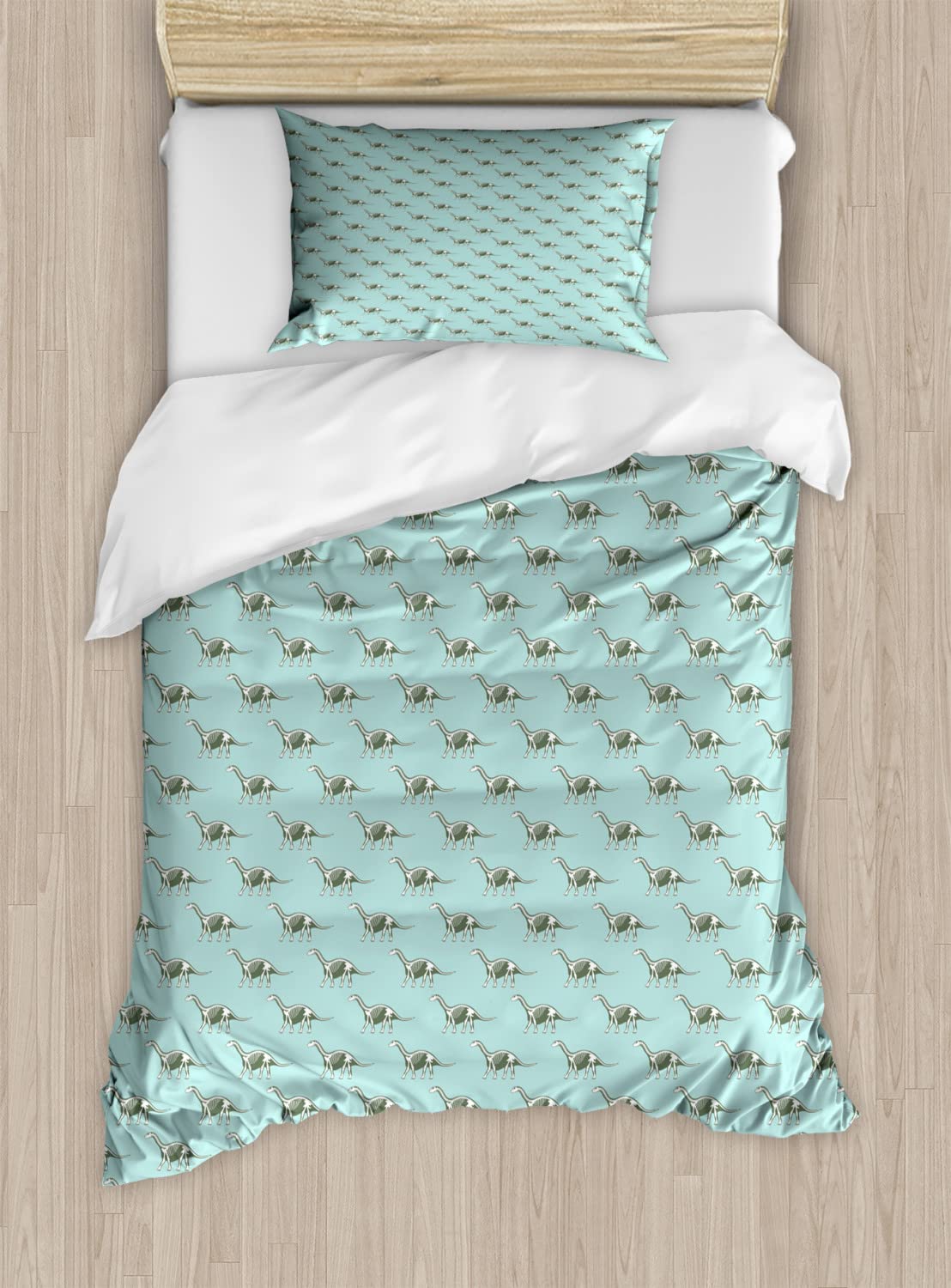Ambesonne Dinosaur Duvet Cover Set - Queen Size 2-Piece Bedding with 2 Duvet Covers & 4 Pillowcases, T-Rex Prehistoric Animal Bone Skeleton Silhouette Design in Reseda Green & Pale Blue - Perfect for Kids' Rooms, Dinosaur Themed Bedrooms & Jurassic Decor