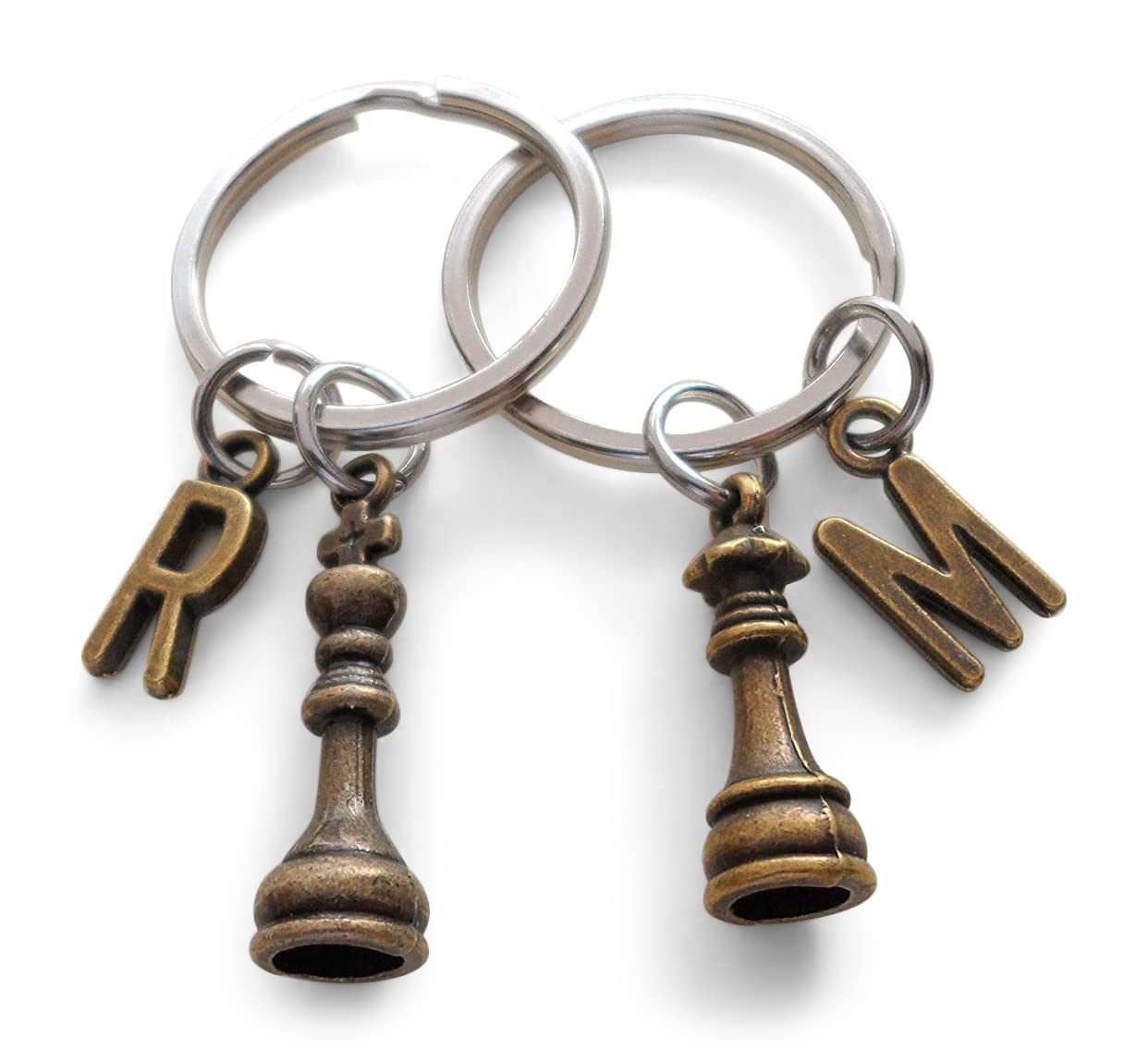 Custom Bronze King & Queen Chess Charm Keychains with Letter Charms - Perfect Anniversary Gifts for Couples, Chess Lovers, and Unique Keepsakes