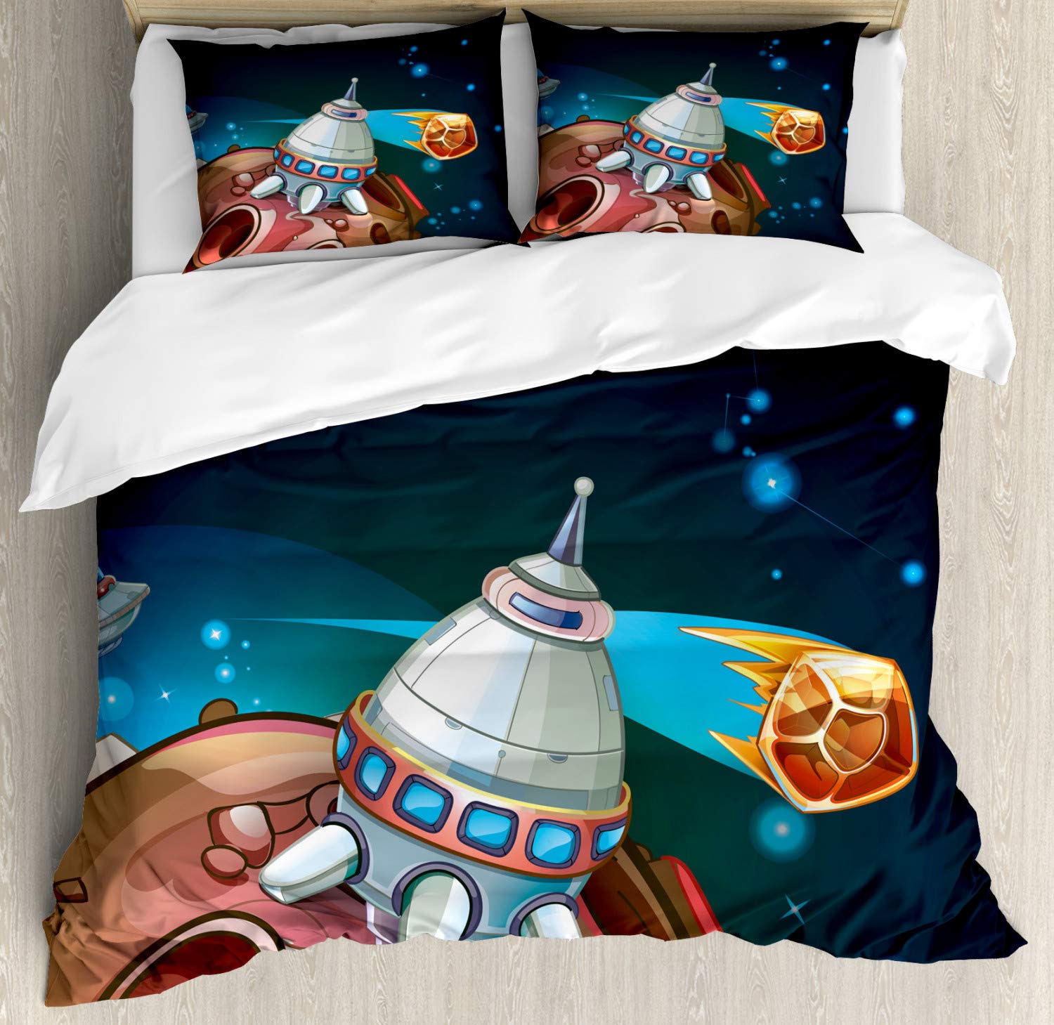 Ambesonne Cartoon Duvet Cover Set - Spacecraft Planets Outer Space Theme with Rocket Stars Galaxy Cosmic Illustration | 3-Piece Bedding Set Includes 2 Pillow Shams | California King Size Multicolor | Perfect for Kids' Rooms, Space-Themed Bedrooms & Sci-Fi Decor
