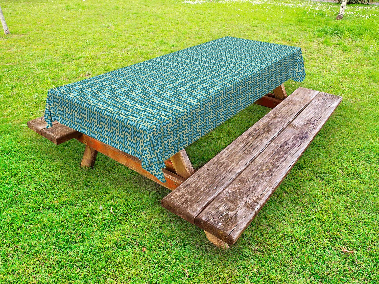 Ambesonne Vintage Abstract Outdoor Tablecloth - Wavy Swirling Stripes Symmetric Carpet Design, Washable Picnic Table Cover 58x104 Inches in Pale Green & Blue - Perfect for Garden Parties, BBQs, and Outdoor Dining