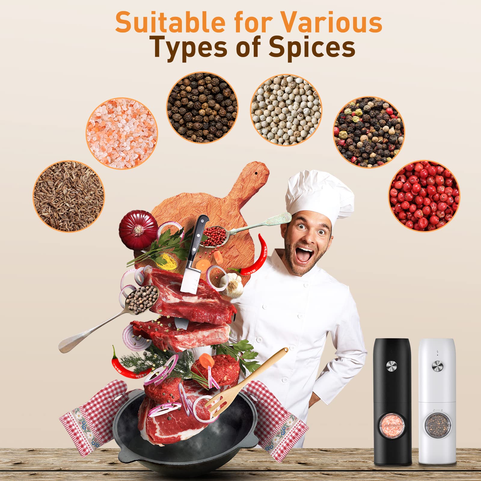 Electric Salt and Pepper Grinder Set - Rechargeable Automatic Spice Mill with Adjustable Coarseness, 70ml Capacity & LED Light - One-Hand Operation for Kitchen, Cooking, BBQ, and Dining Table Seasoning