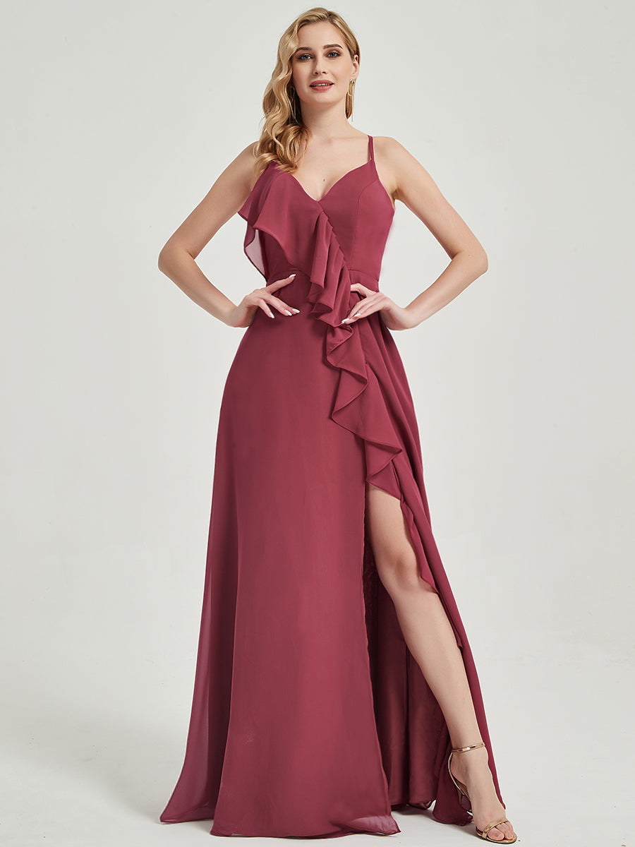 Elegant Cinnamon Rose Chiffon Bridesmaid Dress with Criss-Cross Straps, Ruffles & High Slit - Perfect for Weddings, Formal Events & Special Occasions