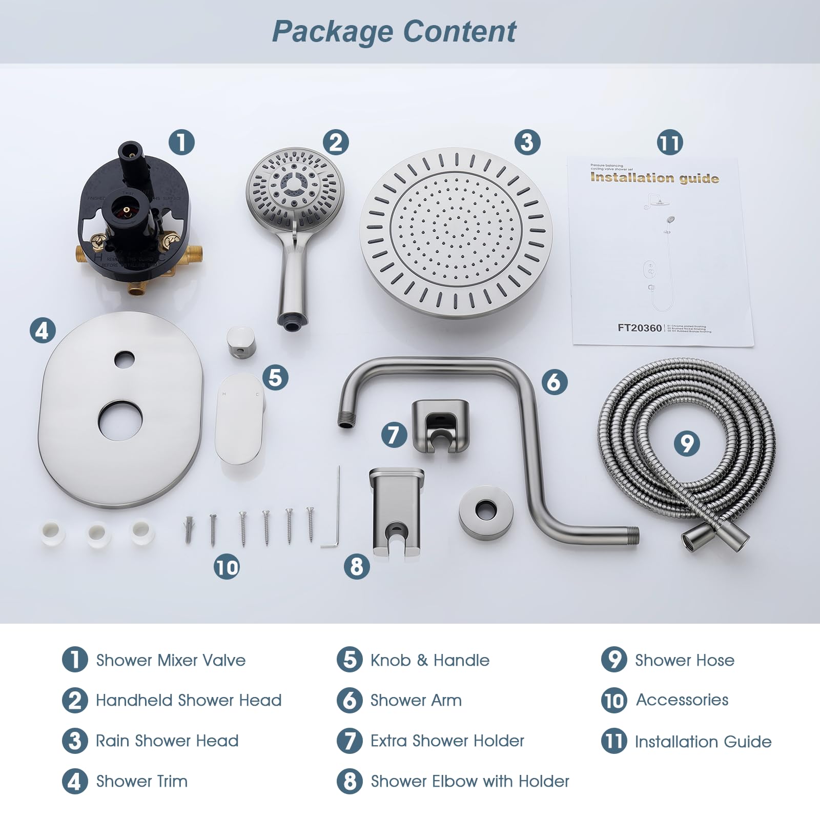 BRIGHT SHOWERS Brushed Nickel Shower Faucet Set - Double Handle Shower System with Rainfall Shower Head & 9-Setting Handheld Spray Combo, Includes Shower Valve Trim Kit | Perfect for Bathroom Remodeling & Spa-Like Shower Experience