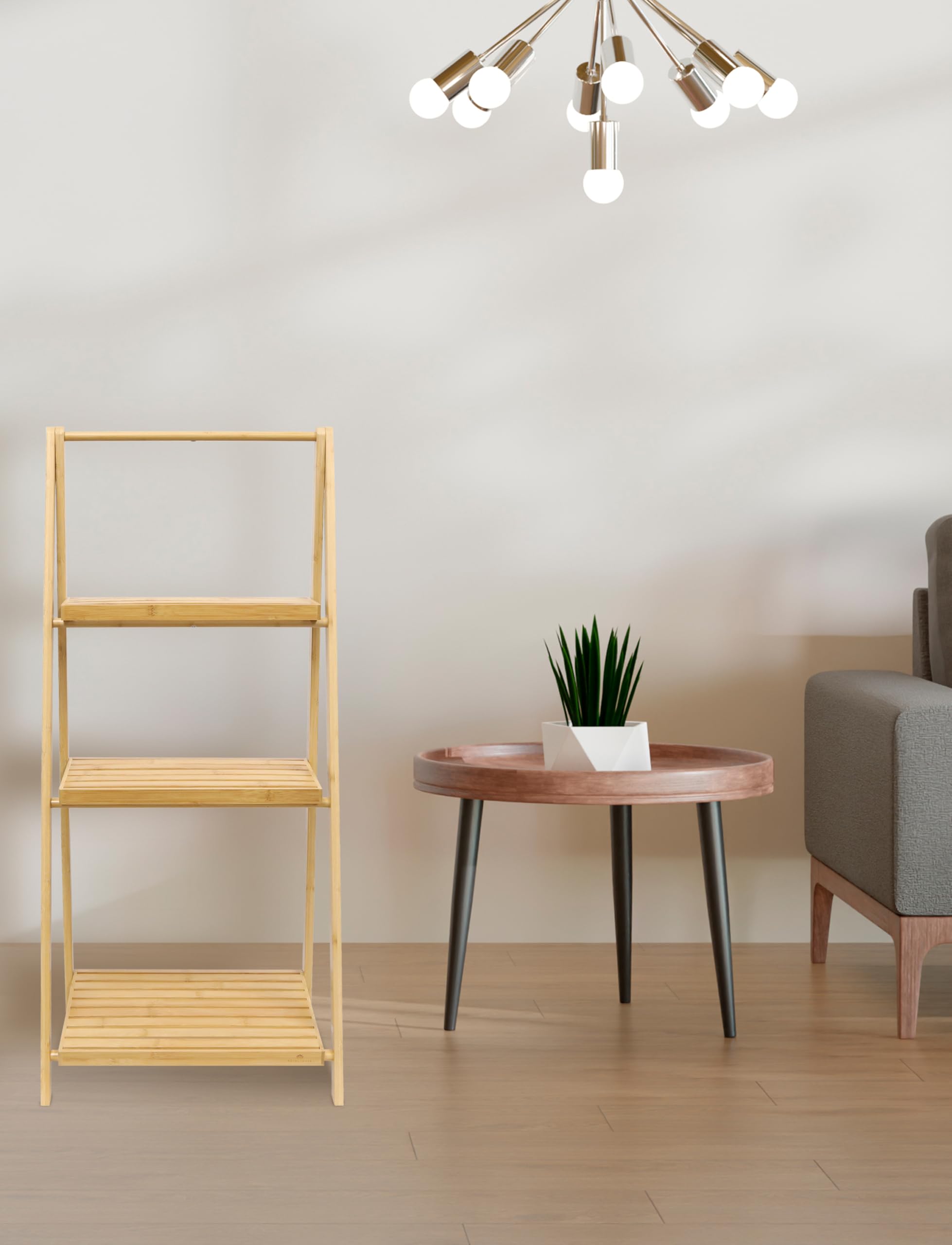 RoyalHouse 3-Tier Bamboo Foldable Shelf - Multi-Purpose Storage Rack for Books, Plants & Home Decor | Space-Saving Ladder Shelf for Living Room, Bedroom, Kitchen & Office Organization