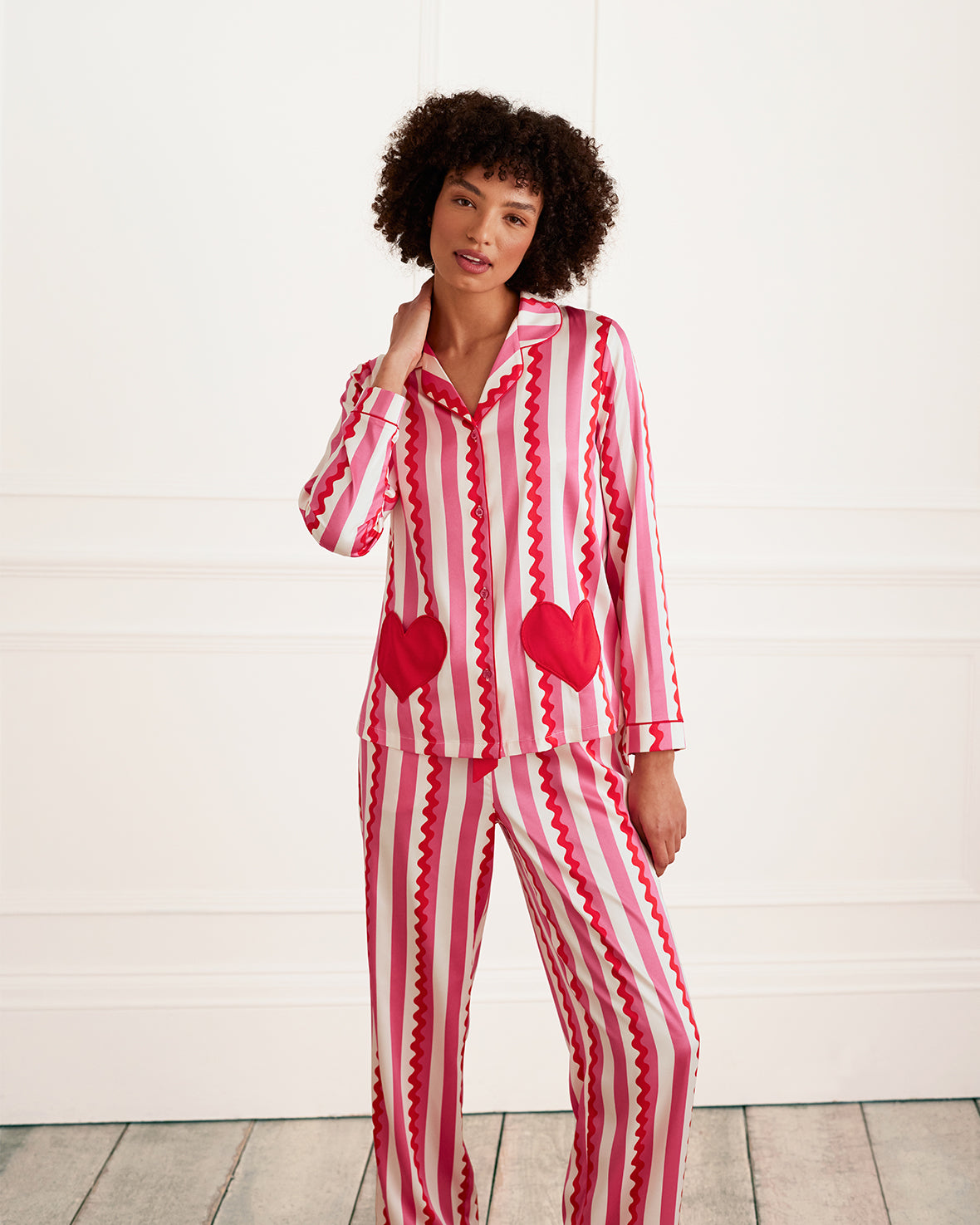 Satin Heart Pocket Striped Long Pajama Set for Women - Soft & Comfortable Sleepwear for Nighttime & Lounging - Valentine's Day Gift Idea