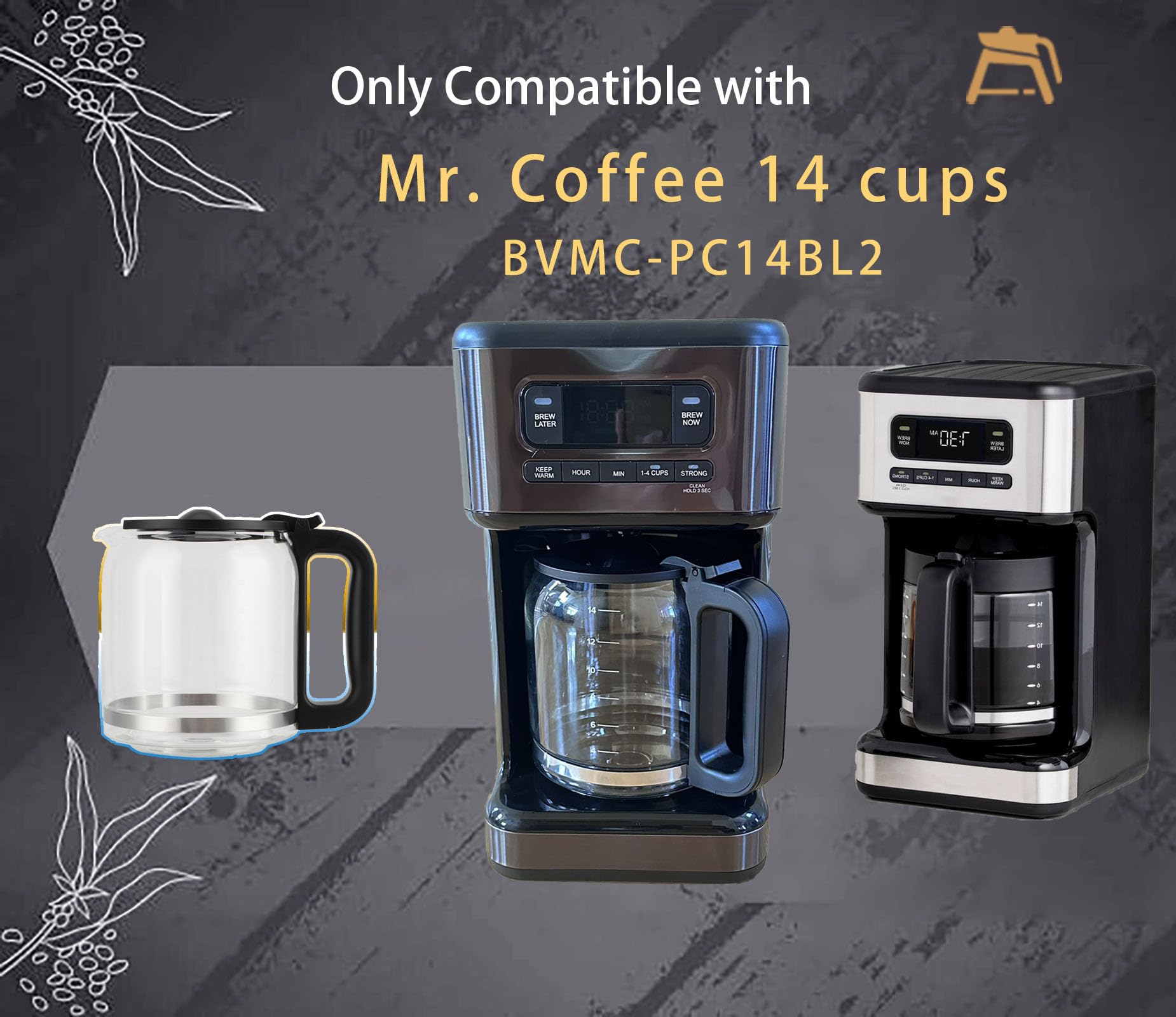 14-Cup Glass Coffee Maker Replacement for Mr. Coffee BVMC-PC14 - BPA-Free, Food Safe, Heat-Resistant Handle - Perfect for Home, Office, or Restaurant Use
