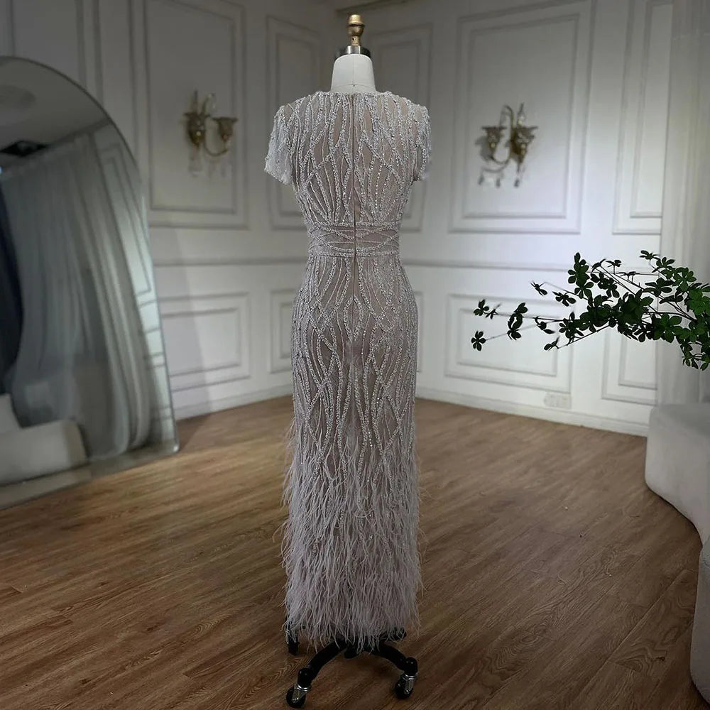 Elegant White Beaded Ankle-Length Evening Dress with Feathers - LA72076A | Perfect for Prom, Gala & Formal Events