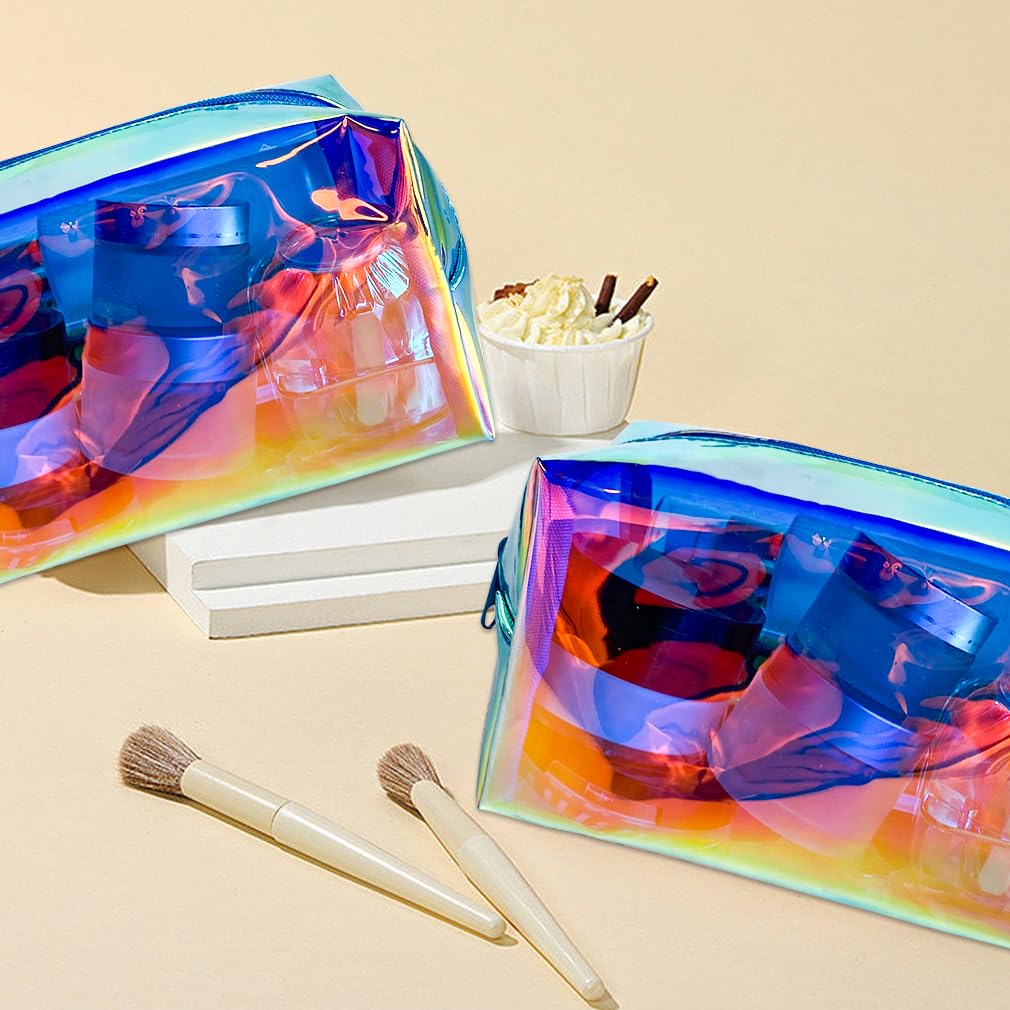 ONEART 2-Pack Holographic Cosmetic Bags - Waterproof Iridescent Makeup Organizer with Zipper, Travel Toiletry Bag for Women | Perfect for Makeup Brushes, Cosmetics & Travel Essentials (Pink & Silver)