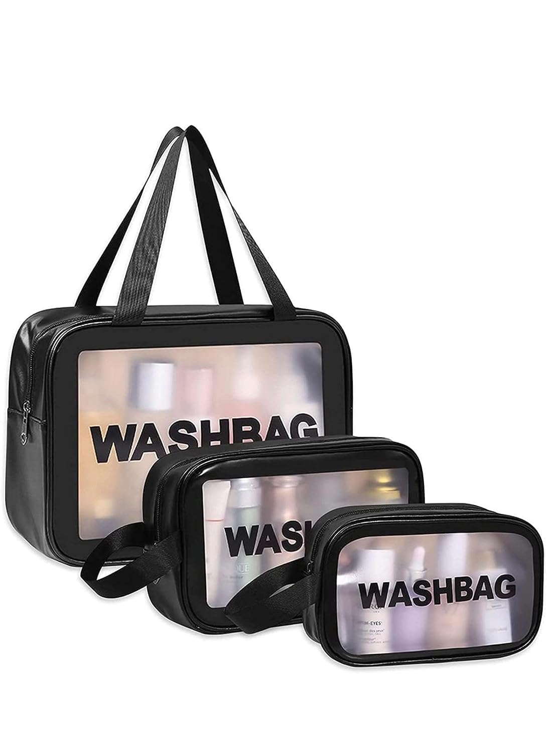 Pristu Clear Waterproof Makeup Pouch Set - Travel Cosmetic Organizer Bag for Women & Girls - Toiletry Storage Kit for Cosmetics, Brushes & Accessories (Black) | Perfect for Travel, Gym & Daily Organization