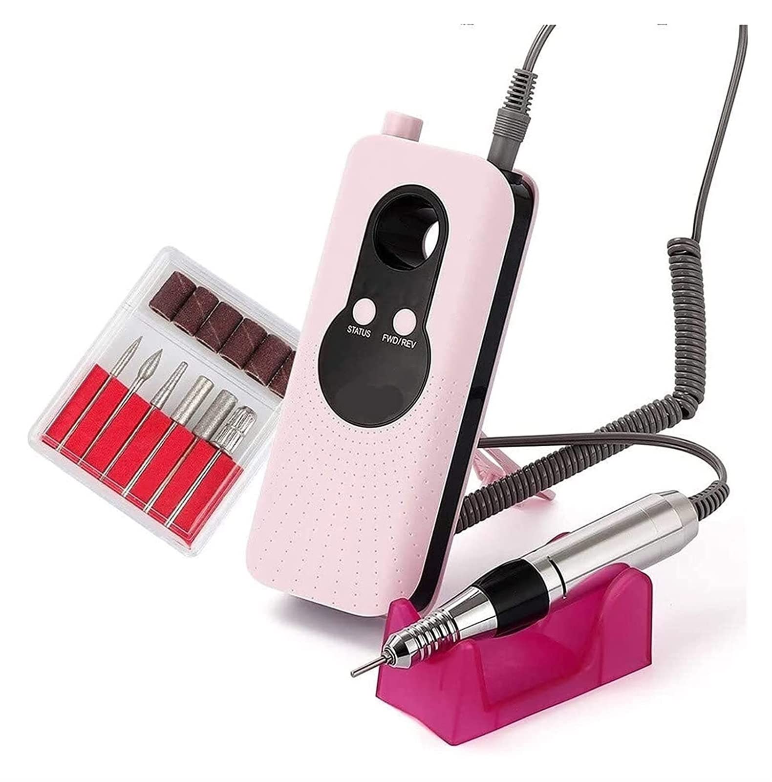 Professional Electric Nail Drill Kit - Rechargeable Nail File Machine for Acrylic & Gel Nails, Manicure Pedicure Set with 6 Bits & LED Light (Pink) - Perfect for Salon & Home Nail Care