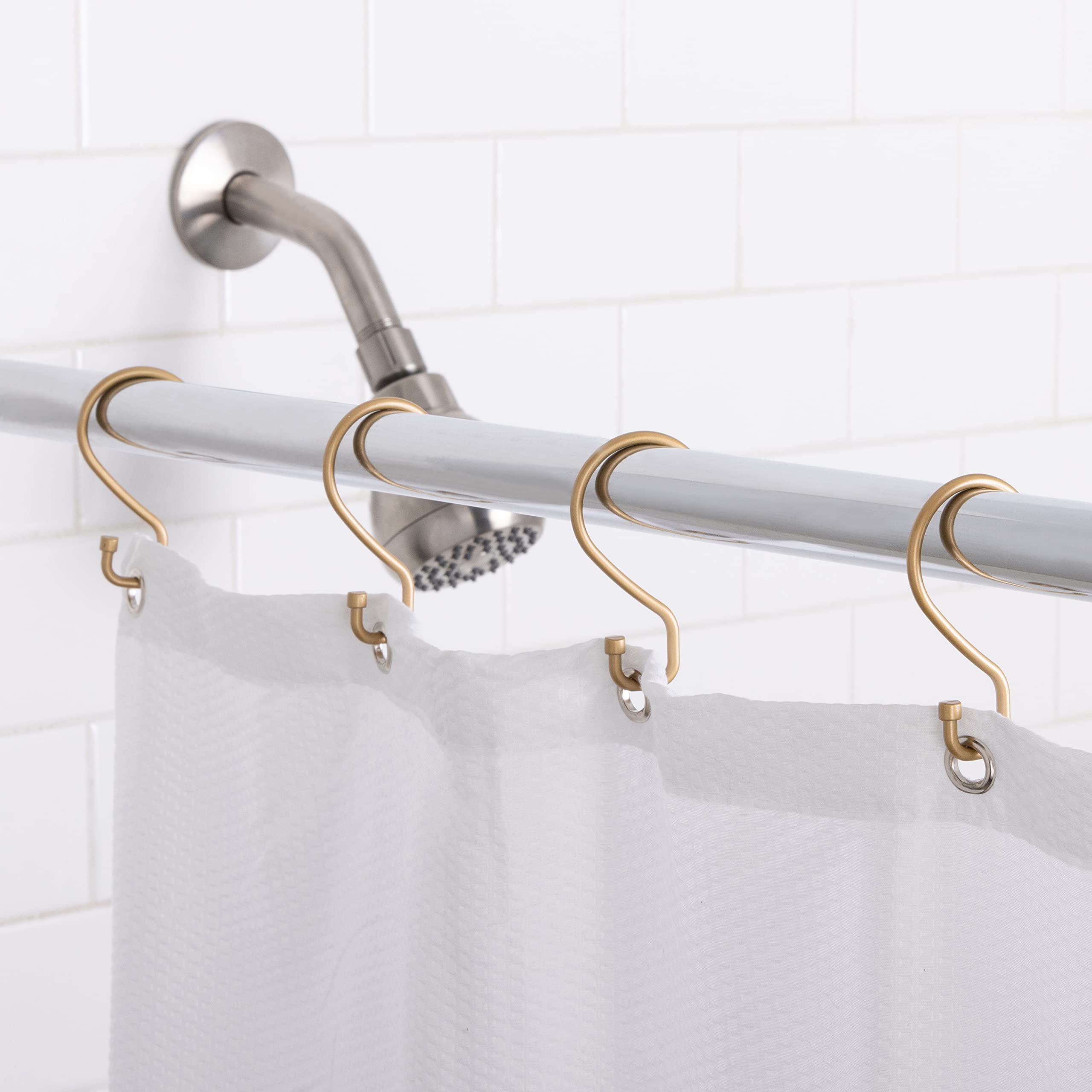 Bath Bliss 12 Pack S-Hook Shower Curtain Rings - Metal S-Shaped Hooks for Easy Glide Installation - Satin Gold Finish - Perfect for Hanging Mugs, Pans & Towels in Bathroom, Kitchen & Dorm Room Organization