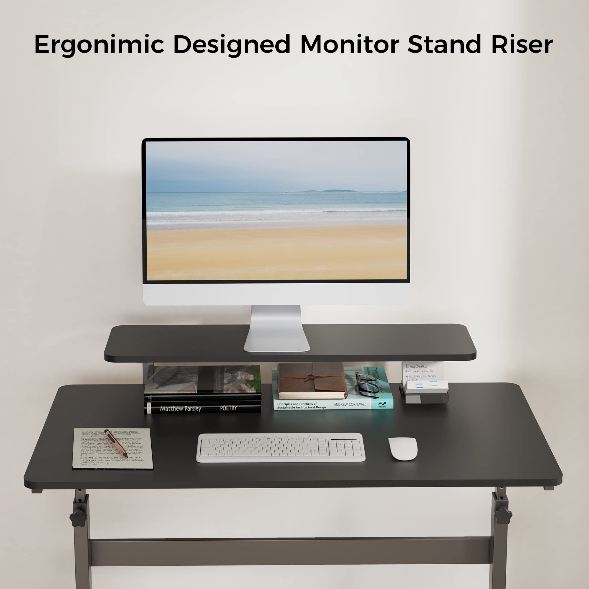 Eureka Ergonomic 41-Inch Adjustable Height Computer Desk with Hutch, CPU Stand & Lockable Wheels - Rolling Sit Stand Desk for Home Office - Black | Perfect for Small Spaces & Remote Work
