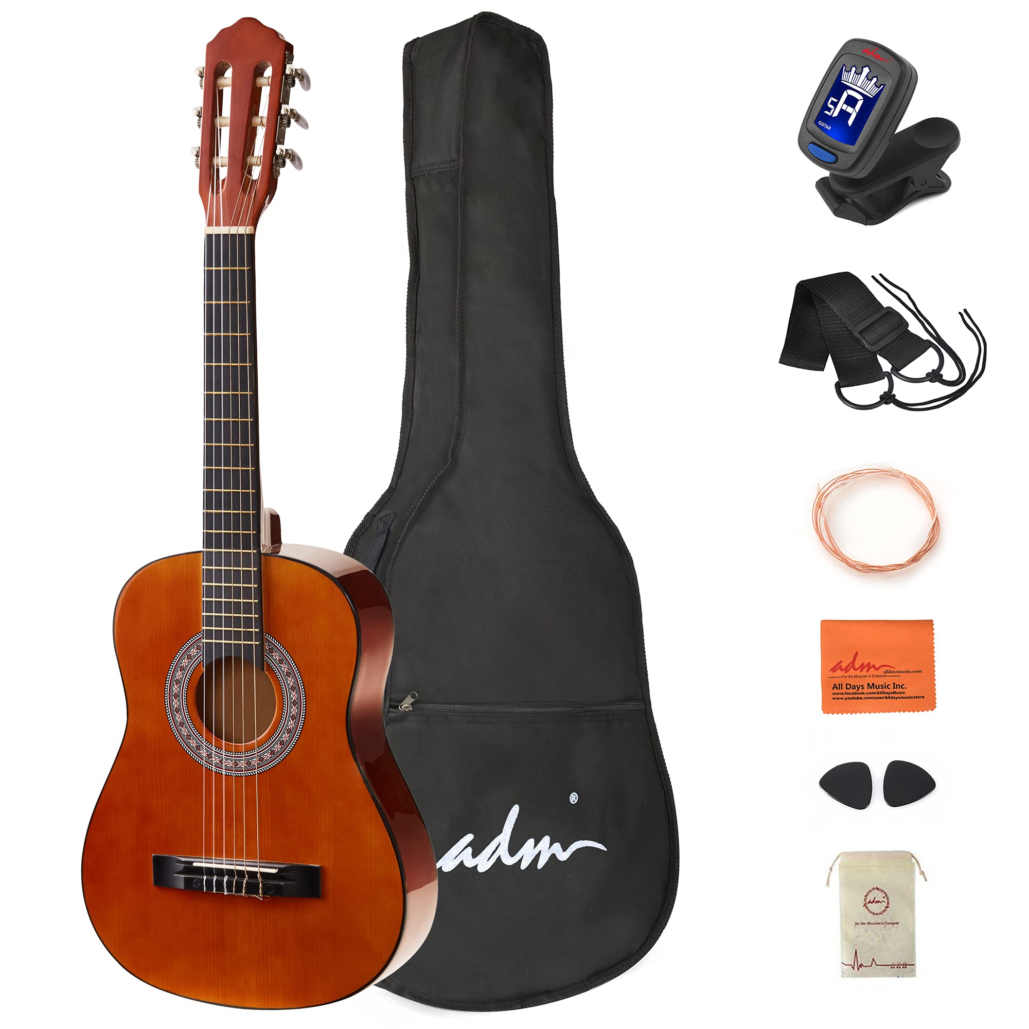 ADM 1/2 Size 34 Inch Beginner Acoustic Classical Guitar with Nylon Strings - Wooden Guitar Bundle Kit for Kids, Boys, Girls & Students - Includes Gig Bag, Strap, Tuner, Picks & Free Online Lessons - Perfect for Music Classes, Home Practice & Sunset Performances