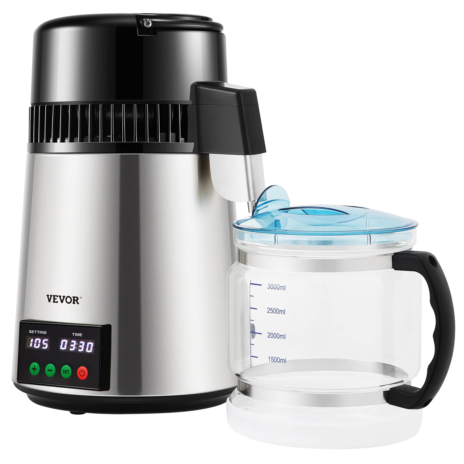 VEVOR 1.1 Gallon Countertop Water Distiller Machine - 750W Stainless Steel with Glass Carafe, 0.3 Gal/Hour Output & Digital Display - Includes Cleaning Powder & 3 Carbon Filters for Home, Office, or Emergency Preparedness
