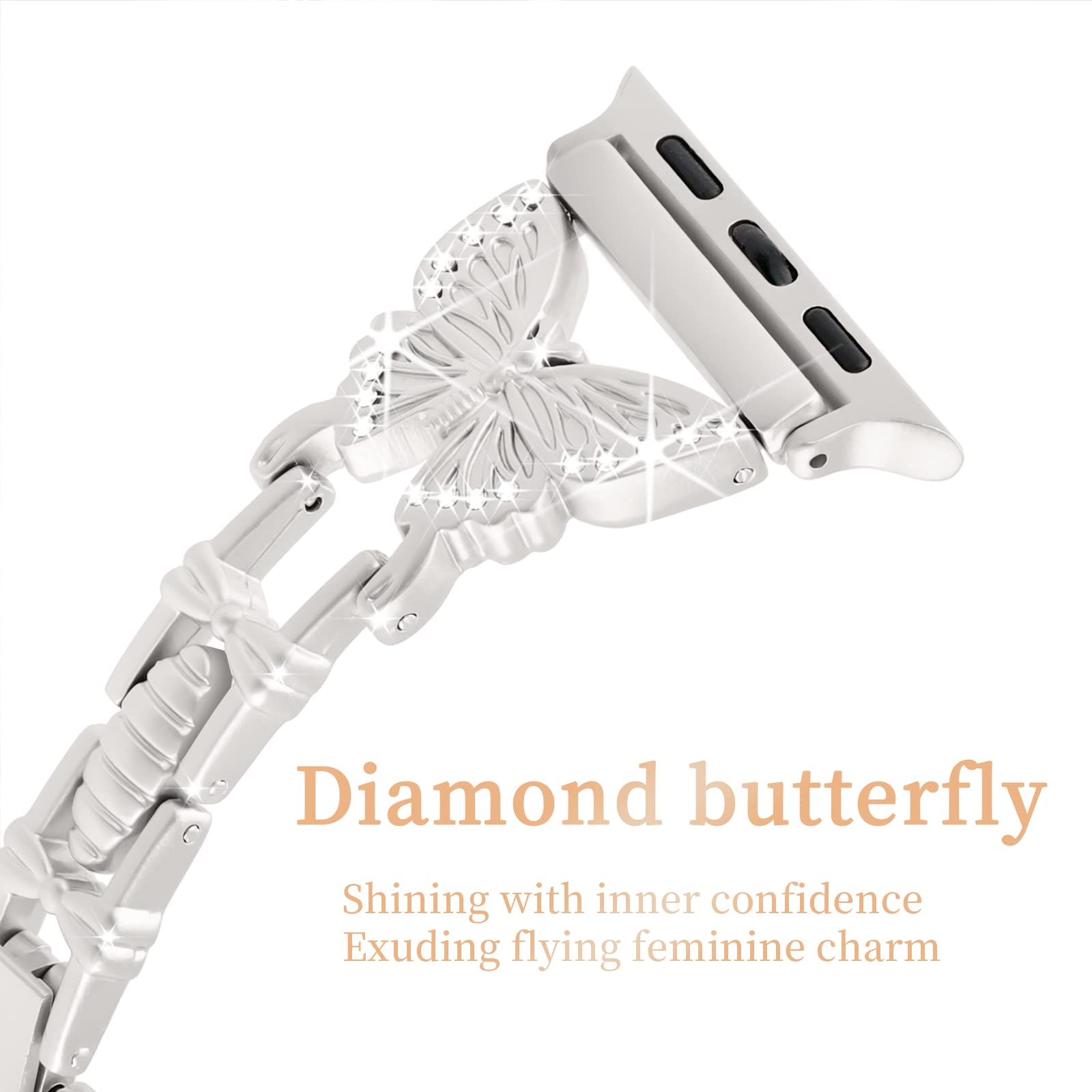Elegant Bling Diamond Butterfly Metal Band for Apple Watch Series 10/9/8/7/6/5/4/3/2/1/SE - Adjustable Jewelry Strap Compatible with 49mm 46mm 45mm 44mm 42mm Women's Watches | Perfect for Parties, Weddings & Formal Occasions