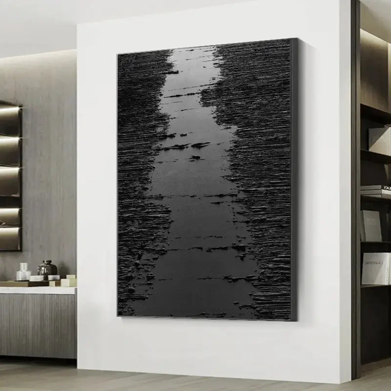 Modern Black Minimalist Textured Canvas Wall Art Painting - Abstract Home Decor for Living Room, Bedroom & Office | #MZ008