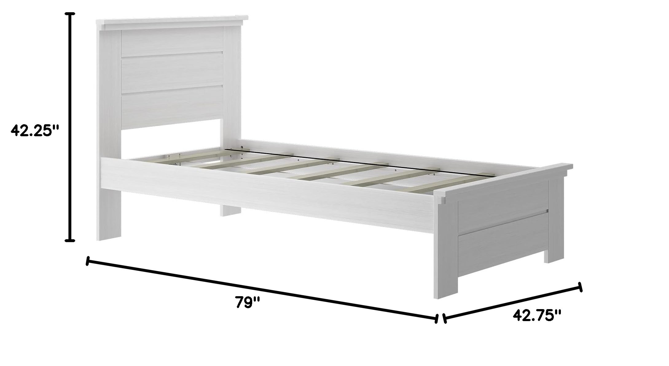 Modern Farmhouse Twin Bed Frame with Headboard for Kids - White Washed Wood Panel Design - Perfect for Nursery, Bedroom & Guest Room