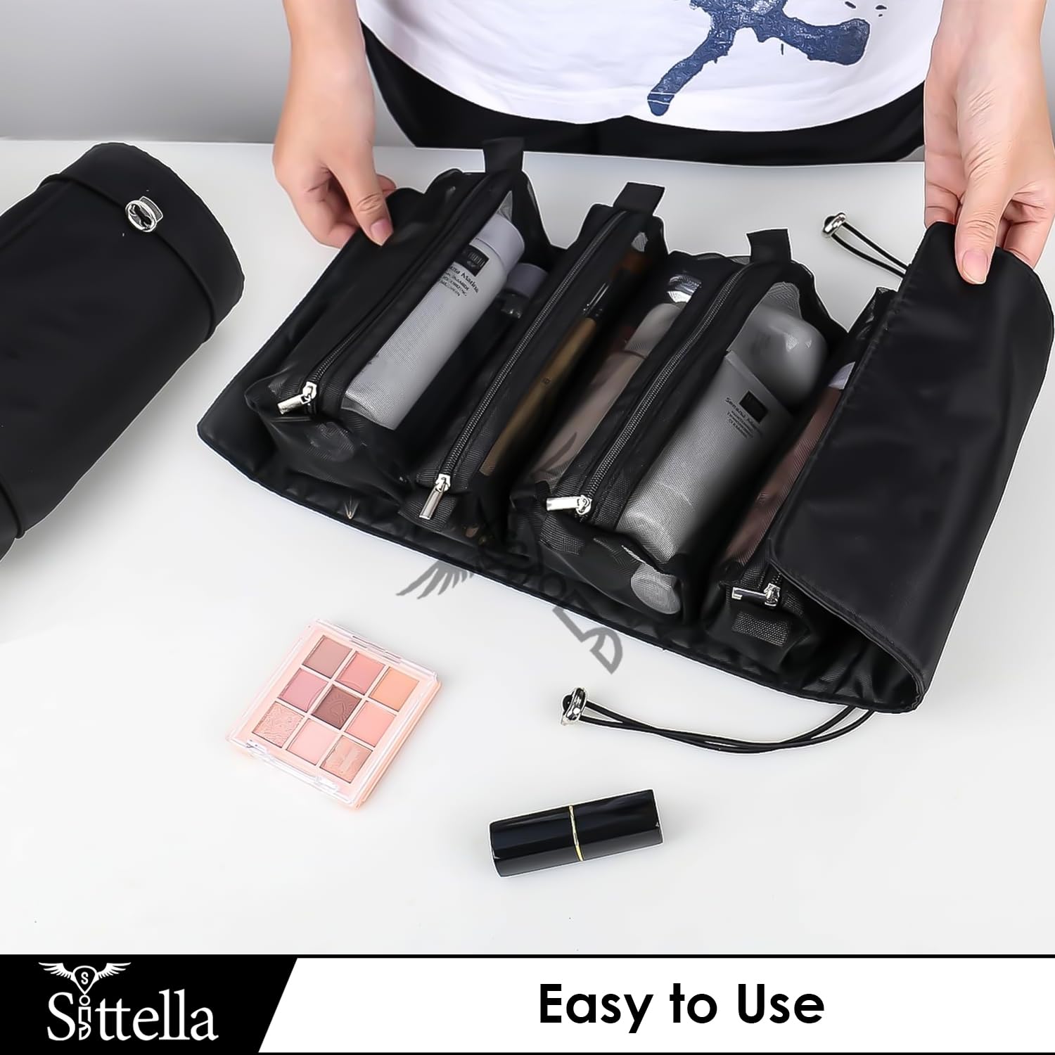 SITTELLA 4-in-1 Foldable Hanging Toiletry Bag for Women - Waterproof Travel Cosmetic Organizer with Multiple Compartments - Perfect for Bathroom, Camping & Airplane Carry On (Black)