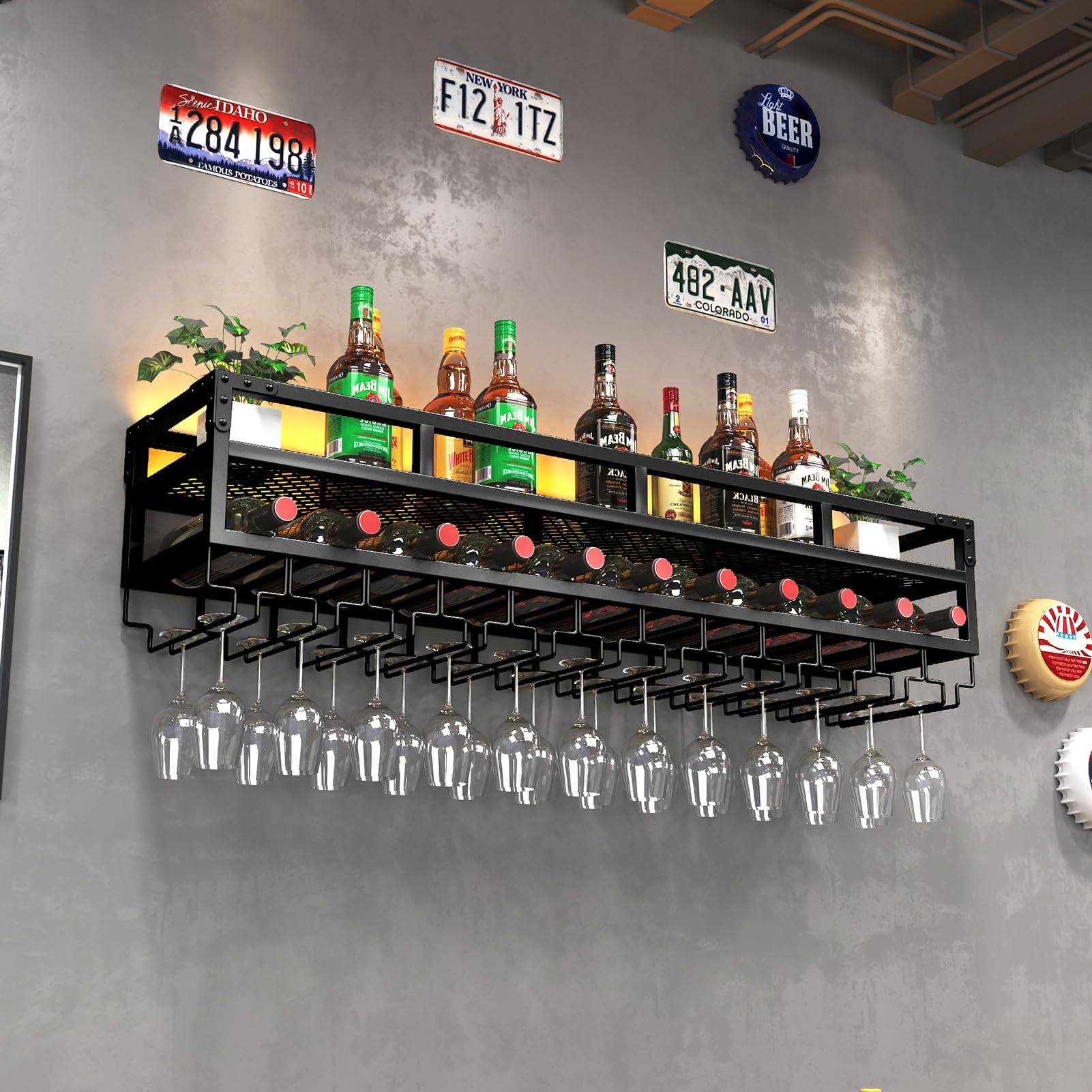 Pengfei LED Wall Mounted Wine Rack - Industrial Metal Wine Shelf with Glass Holder, Large Floating Shelves for Wine Bottle Storage - Perfect for Home Bar, Dining Room Decor & Kitchen Display