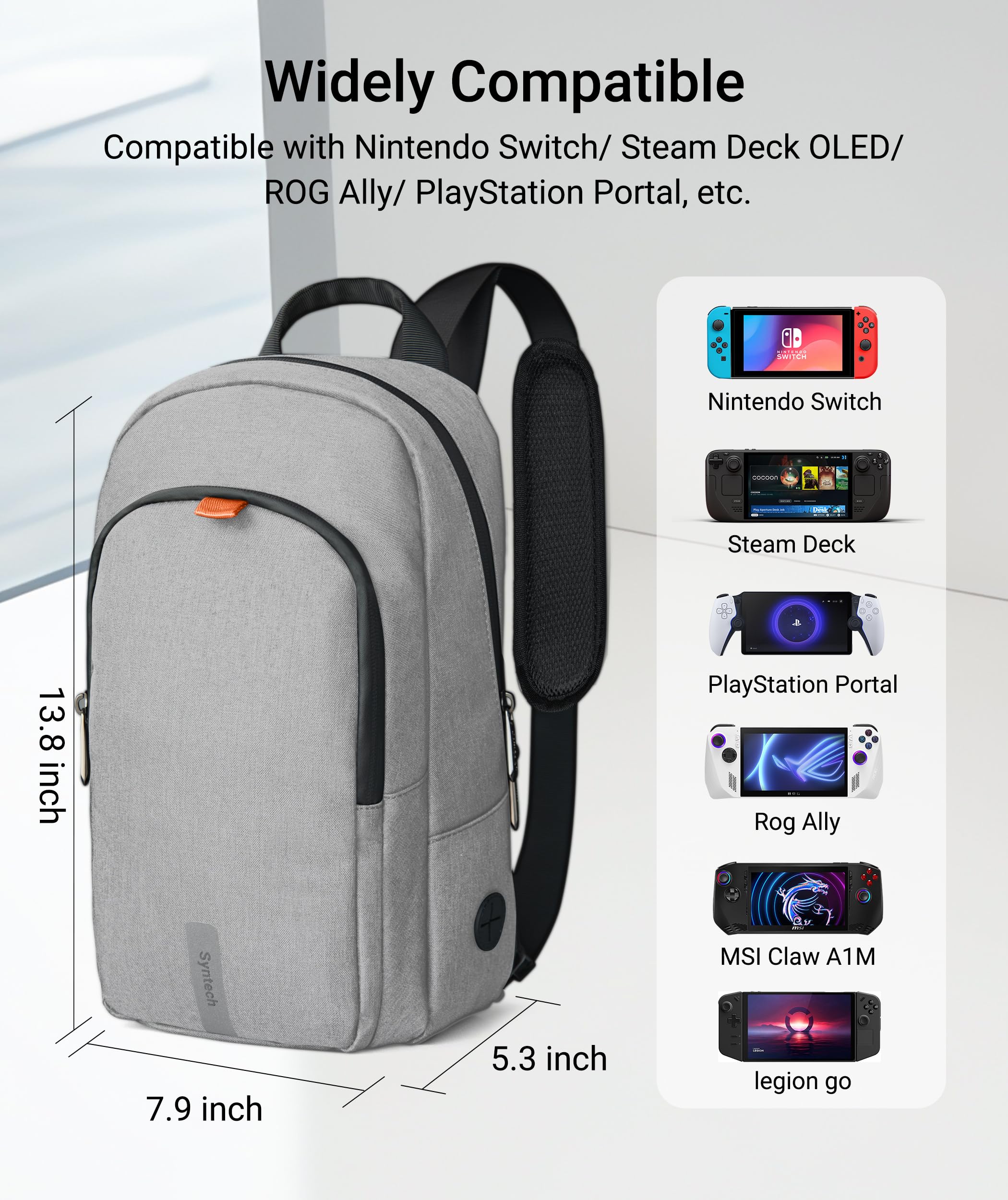 Syntech Portable Travel Sling Bag for Steam Deck OLED, ROG Ally X, Legion Go S, Nintendo Switch 2 & PS Portal - Large Storage Carrying Case for Gaming Consoles & Accessories (Gray) | Perfect for Travel, Commuting & Gaming On-The-Go