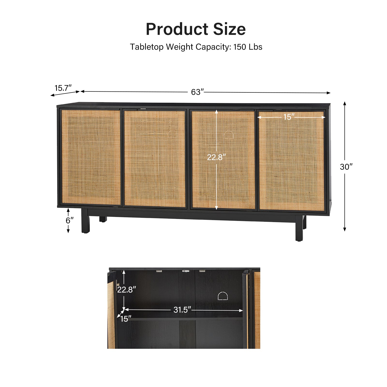 Otmar 63-Inch Wide Natural Rattan Mesh Sideboard with Storage - Multi-Purpose Buffet Cabinet for Dining Room, Living Room, or Entryway - Perfect for Home Decor and Organizing Dishes, Linens & More