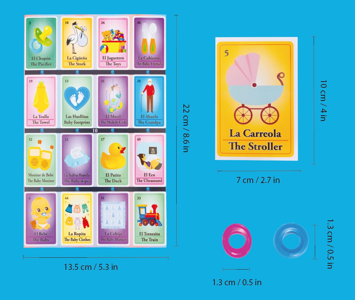 Baby Shower Bingo Game Set - Bilingual English & Spanish for 10 Players - Includes 1 Card Deck & 10 Boards - Family Fun Game - Learn Spanish While Playing - Perfect for Baby Showers, Birthday Parties & Family Game Nights