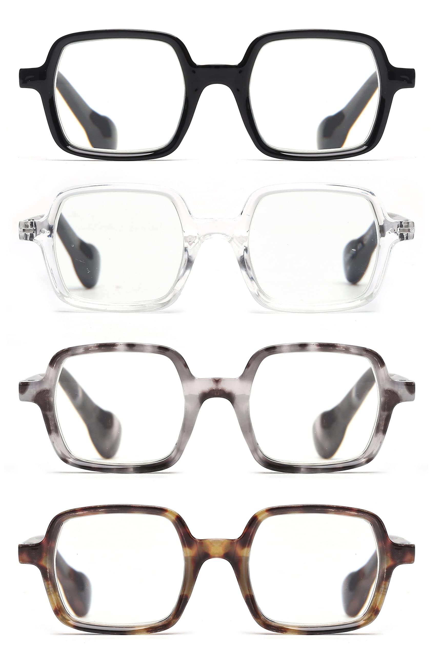 JM 4 Pack Square Reading Glasses - Blue Light Blocking Computer Glasses for Women & Men with Spring Hinge - Perfect for Office Work, Gaming & Screen Time