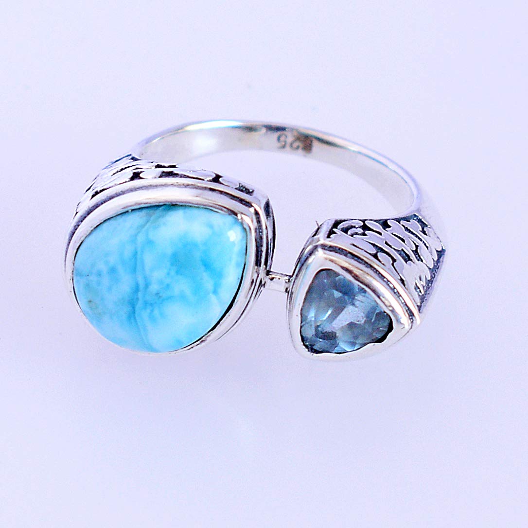 Larimar & Blue Topaz Gemstone 925 Sterling Silver Ring - Handmade Jewelry for Women, Birthday Gift, Anniversary Present - Perfect for Beach Weddings, Date Nights & Special Occasions