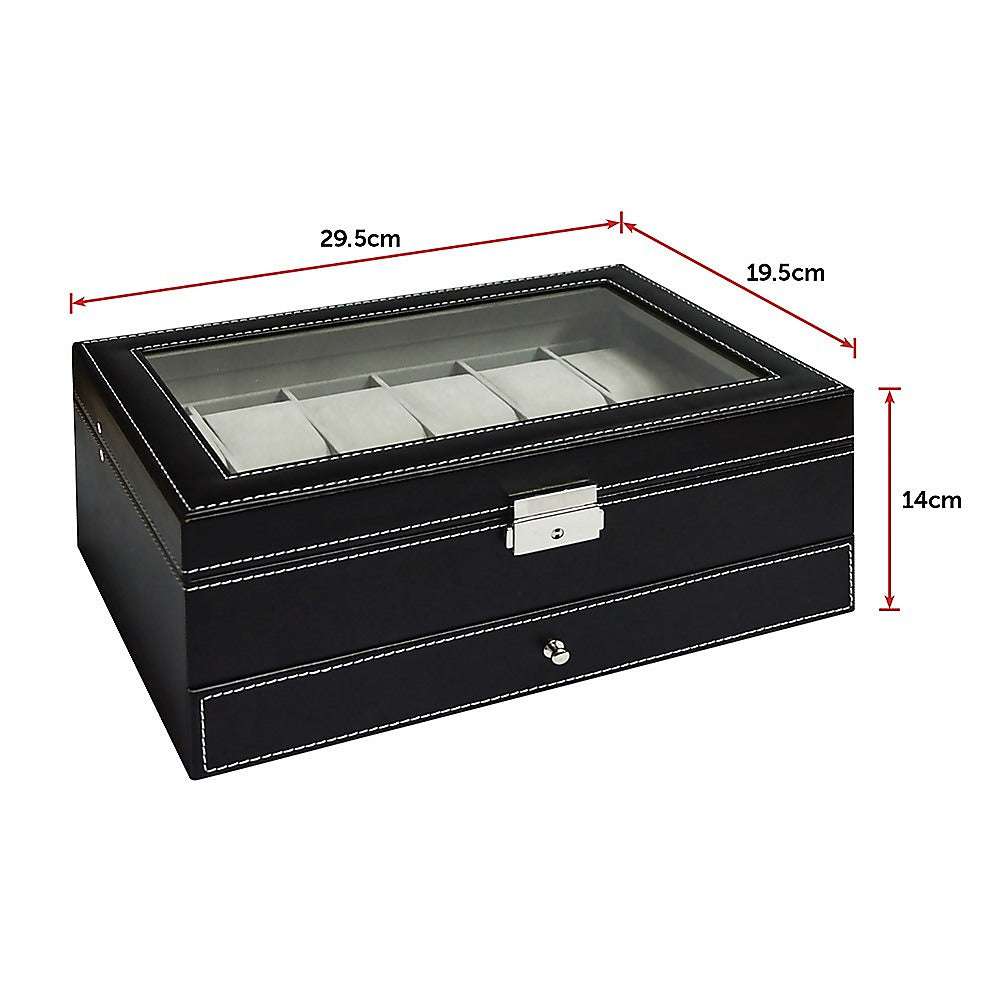 12-Slot Leather Watch Display Case with Lock & Key - Jewelry Storage Box Organizer for Men's Watches & Accessories - Perfect for Retail Stores, Watch Collections & Gift Presentation