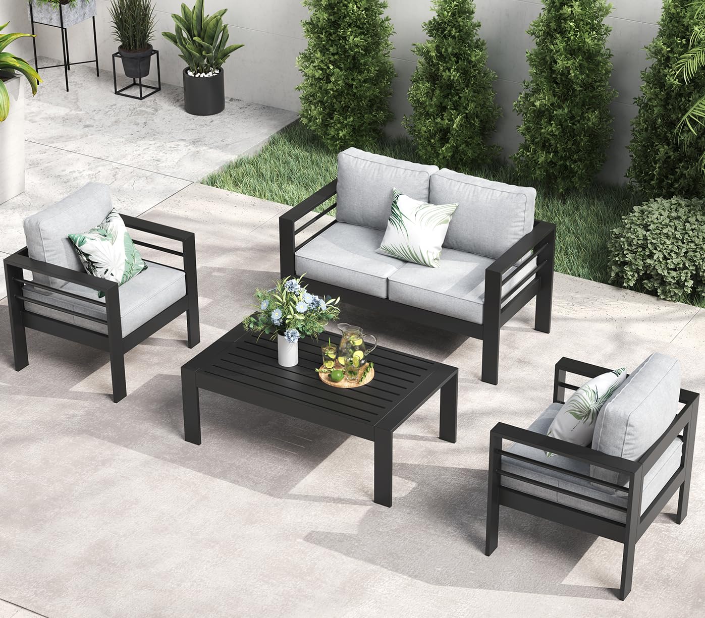 LayinSun 4-Piece Outdoor Aluminum Patio Furniture Set - Modern Sectional Conversation Sofa with Coffee Table for Garden, Backyard, and Poolside Relaxation