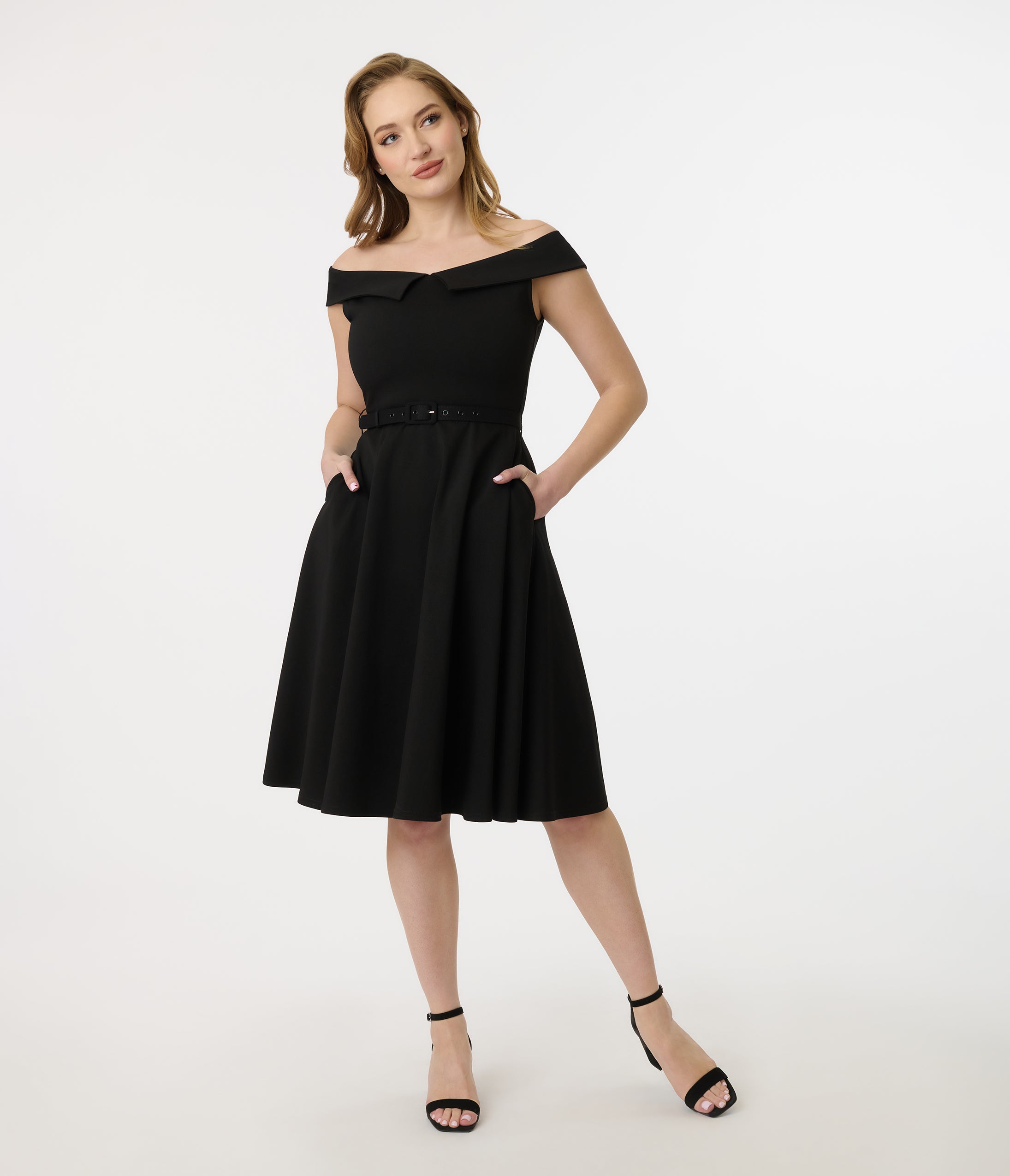 Vintage 1950s Black Off Shoulder Swing Dress - Retro Cocktail Party & Swing Dance Outfit - Perfect for 50s Themed Parties, Date Nights & Special Occasions