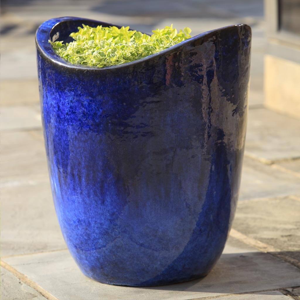 Campania International Tall Sorriso Planter Set of 3 - Riviera Blue Ceramic Flower Pots for Indoor/Outdoor Garden, Patio, and Home Decor