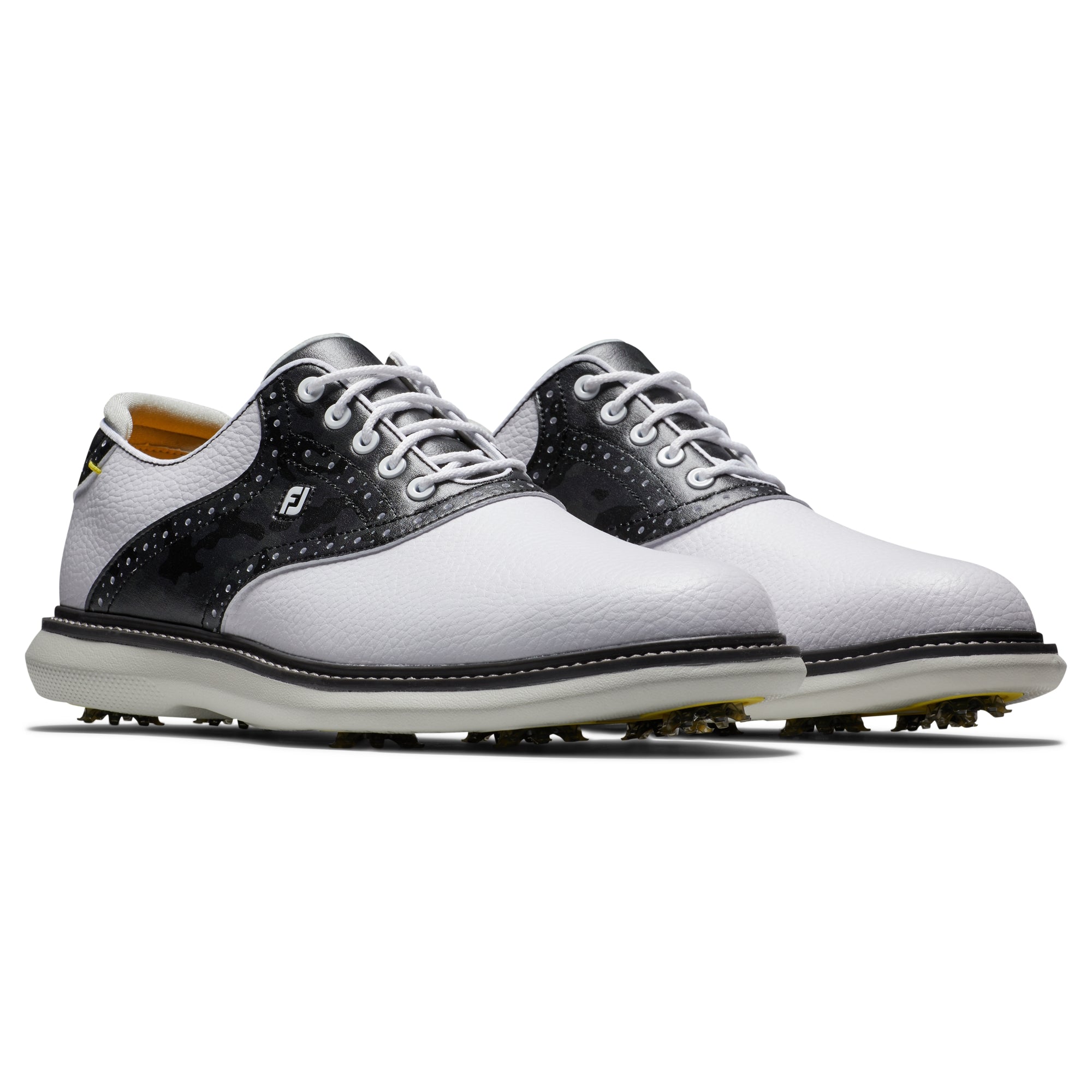 FootJoy Traditions Men's Golf Shoes - White/Black | Spiked Comfort for Golfers | Perfect for Course Play & Practice Rounds