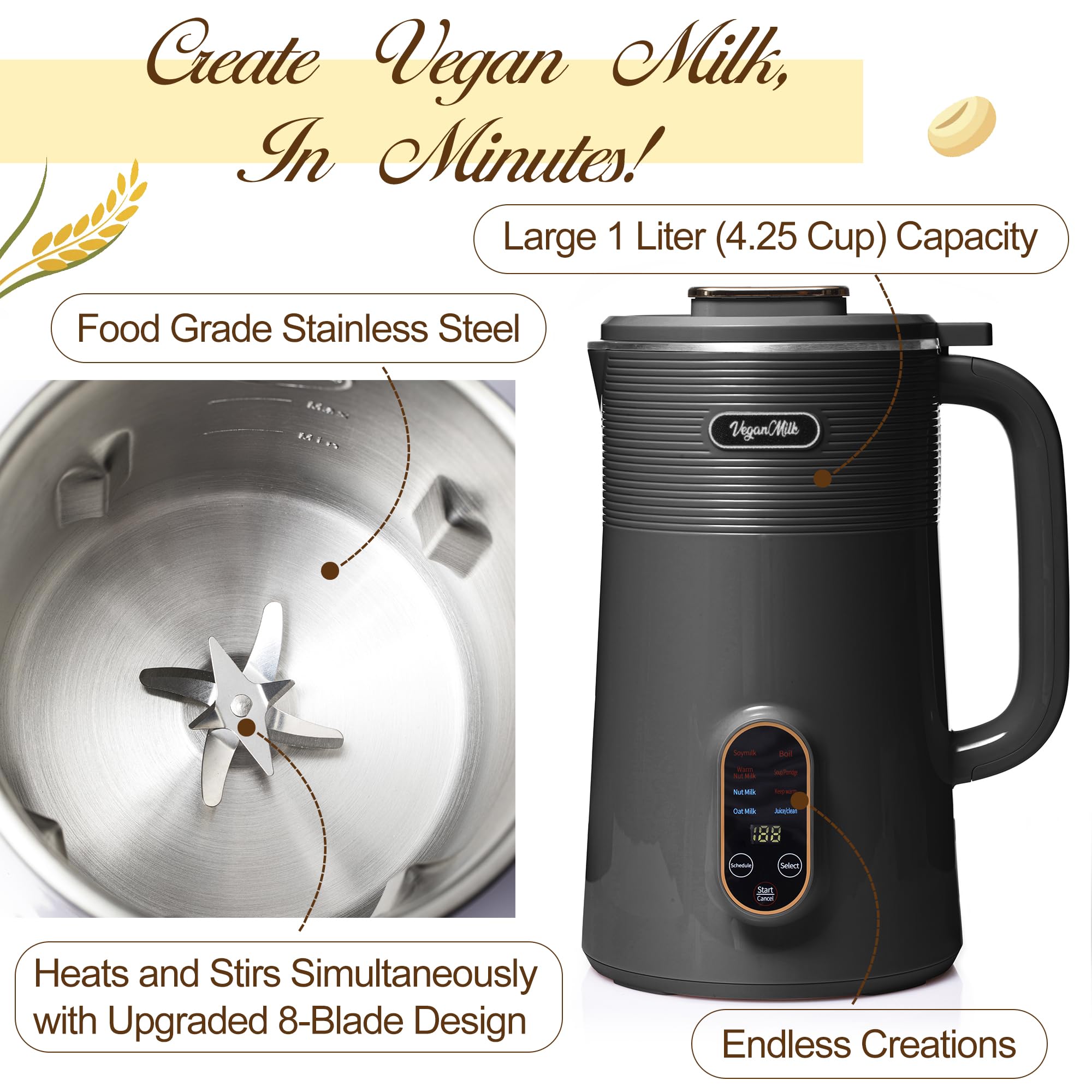 8-in-1 Plant-Based Milk Maker Machine - Almond, Soy, Oat & Nut Milk Maker with Soup Function | Perfect for Vegan, Dairy-Free & Healthy Homemade Milk | Kitchen, Home & Office Use