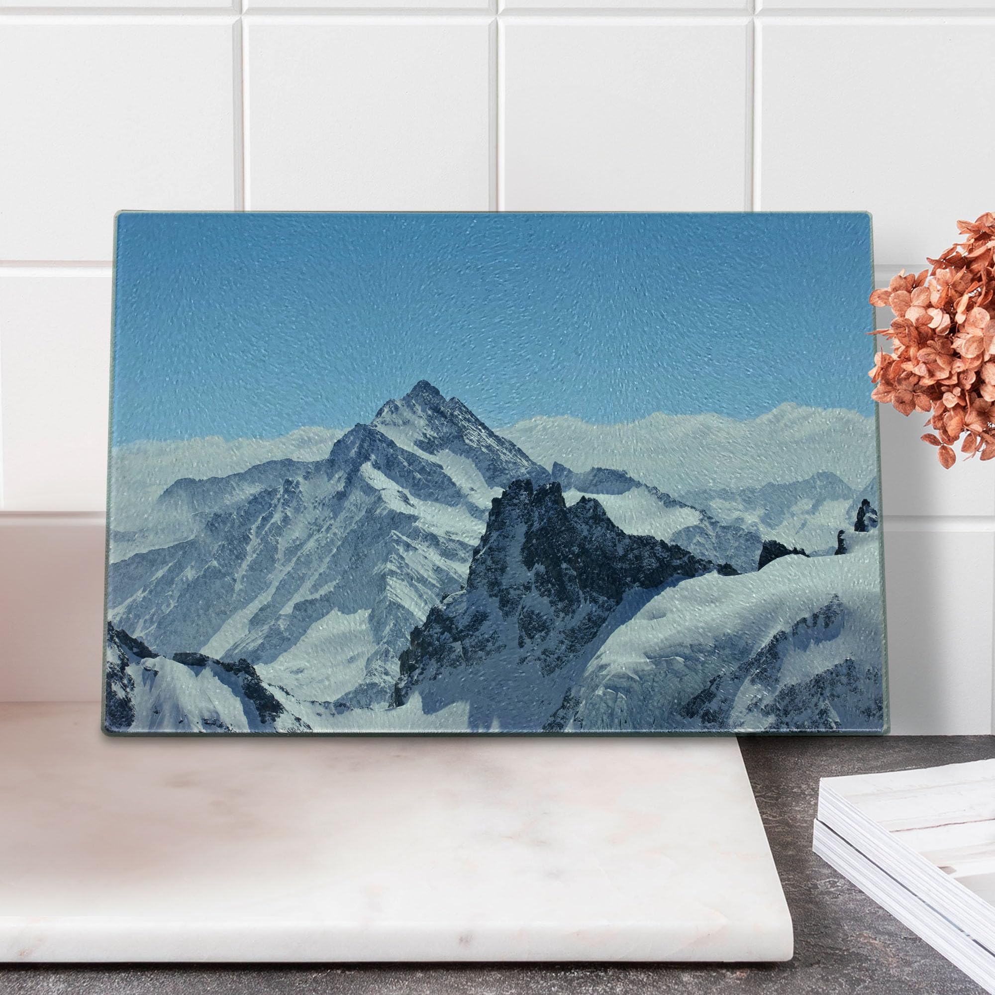Ambesonne Winter Themed Tempered Glass Cutting Board - Snowy Rocky Mountain Peaks Landscape Design - Blue and White Decorative Serving Board for Cheese, Charcuterie & Entertaining - Small Size Kitchen Gift Idea